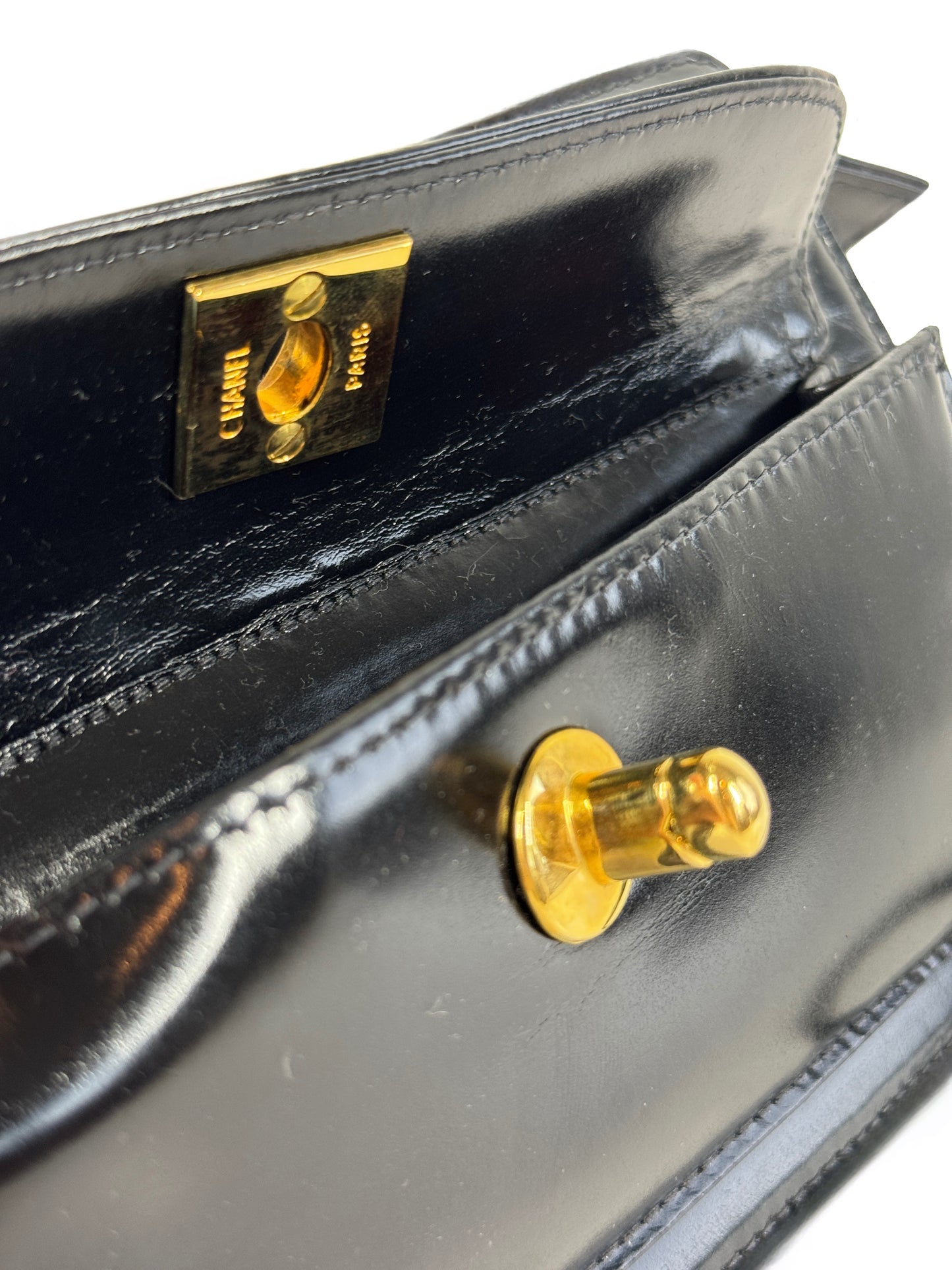 Chanel Vintage 90s Black Patent Leather CC Turnlock Wristlet Clutch Bag