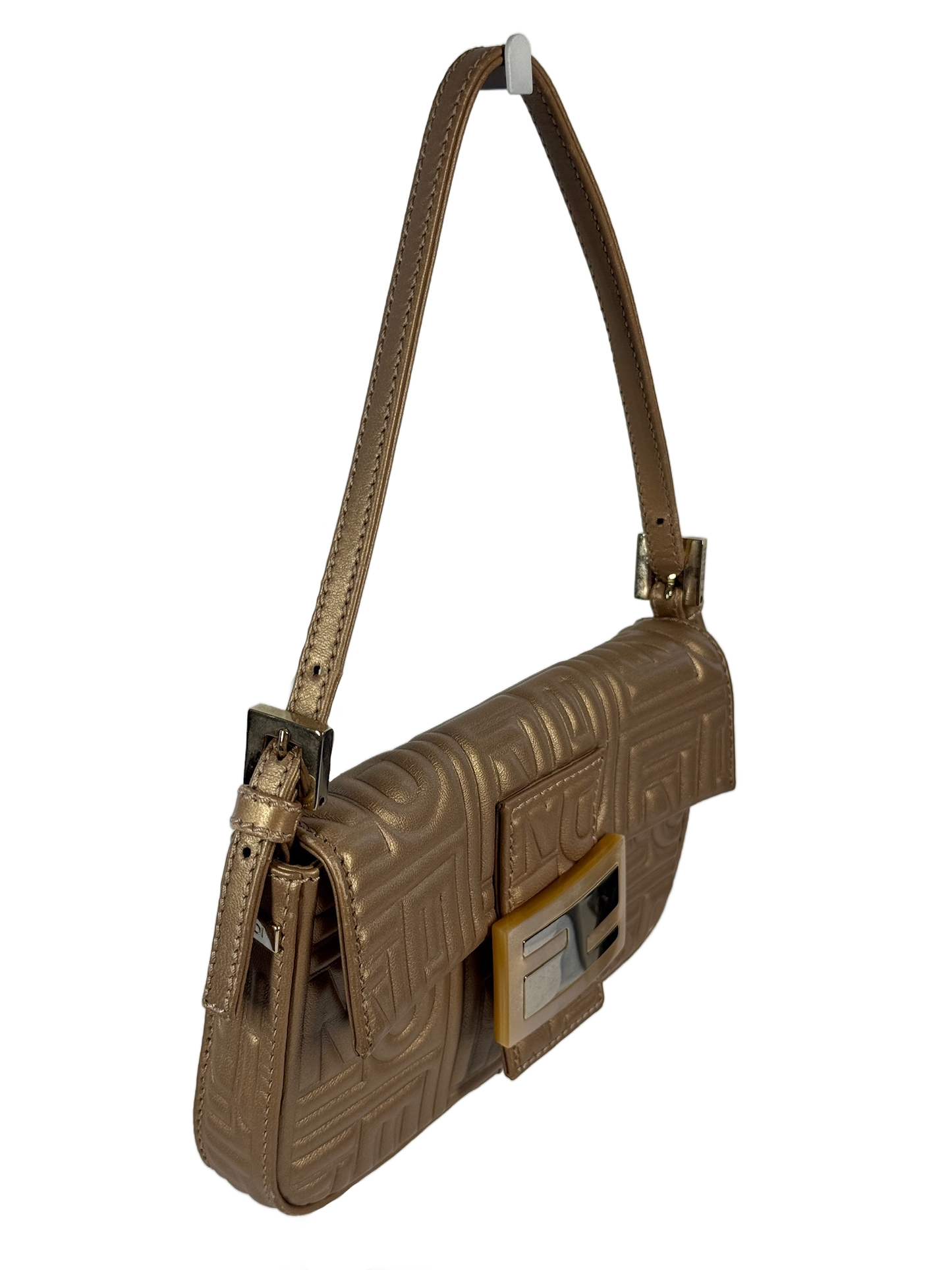 Fendi Metallic Gold Nappa Embossed Logo Leather Mini Baguette Pochette Shoulder Bag