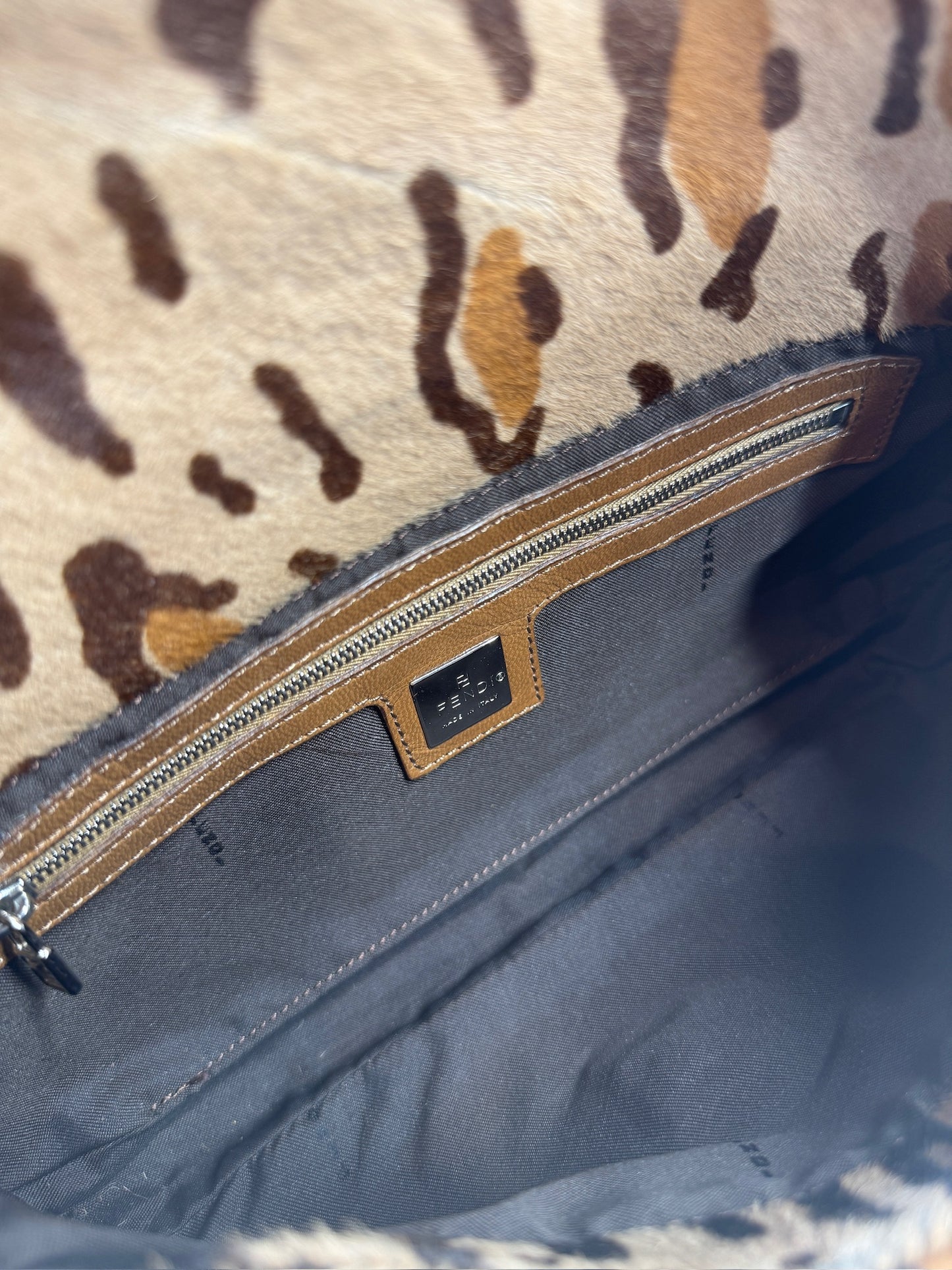 Fendi Vintage Beige Brown Leopard Print Pony Hair Shoulder Baguette Bag