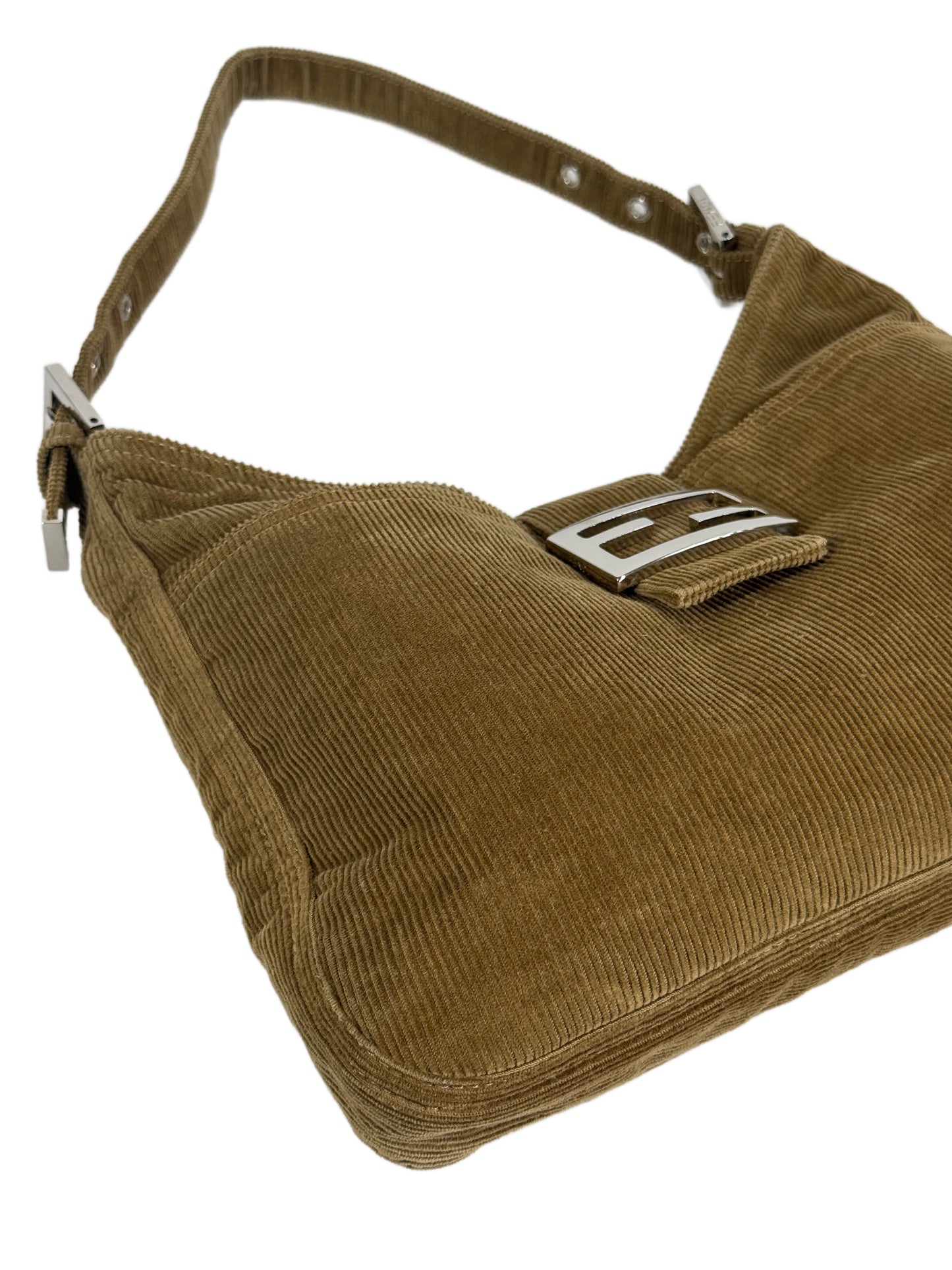 Fendi Vintage Beige Brown Corduroy Shoulder Hobo Baguette Bag