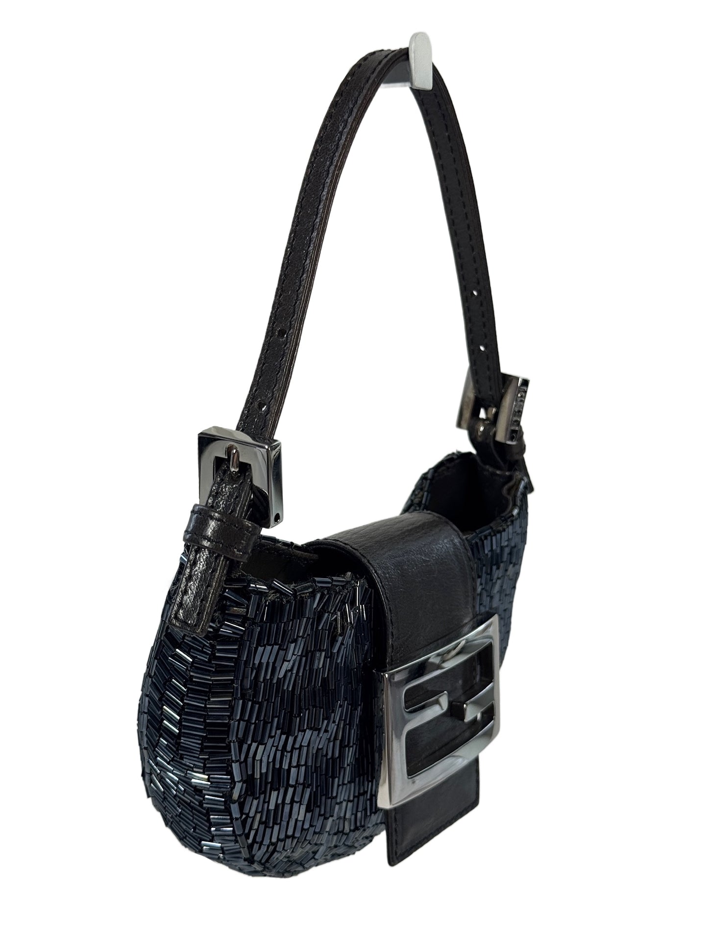 Fendi Vintage Iridescent Black Beaded Mini Croissant Baguette Bag
