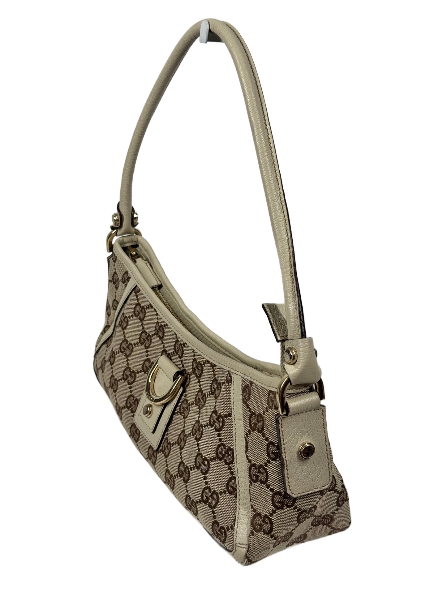 Gucci Vintage Brown GG Monogram Canvas w Ivory Leather Trim Abbey Pochette Shoulder Bag