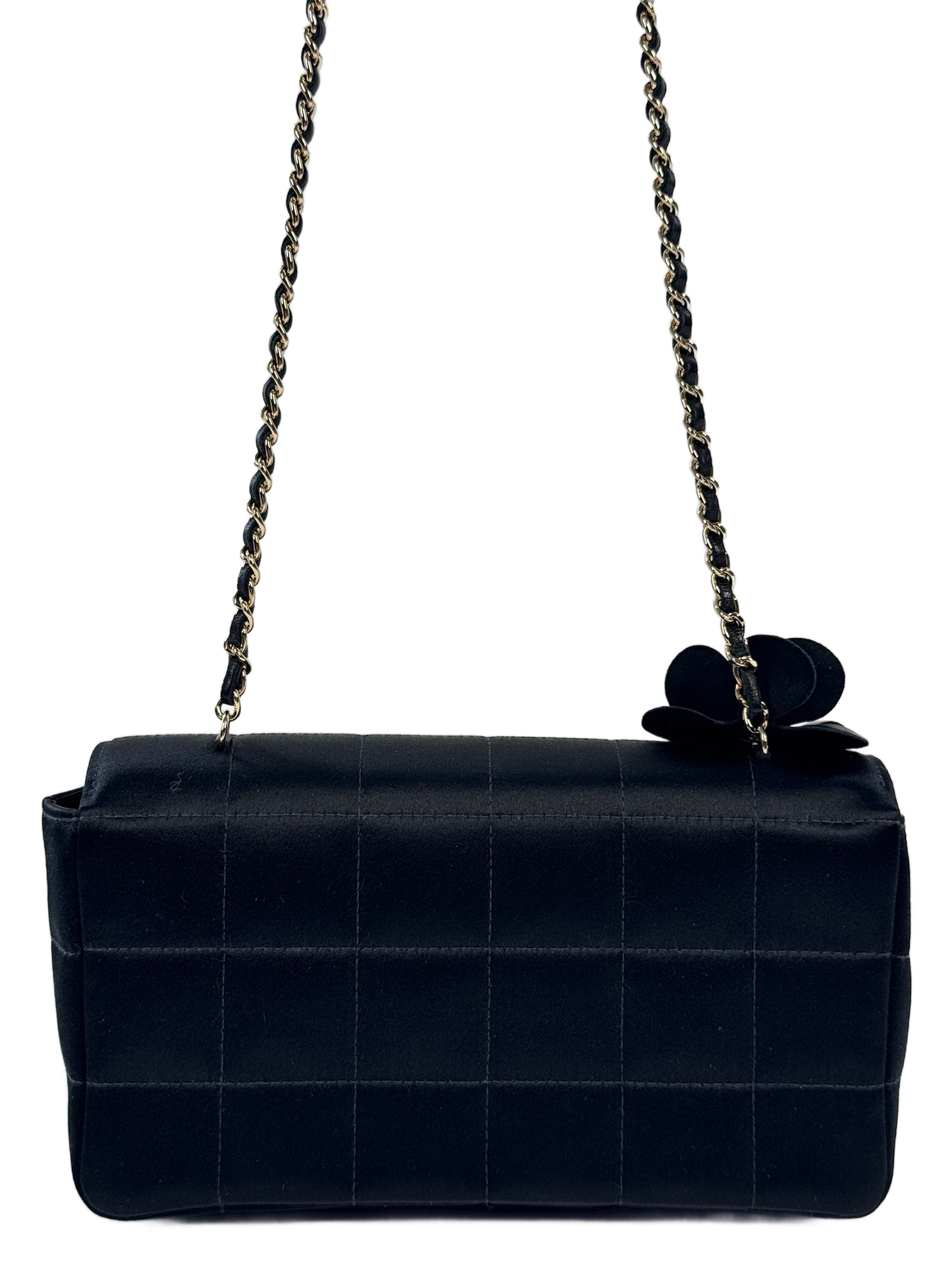 Chanel Vintage 00s Black Satin Quilted Chocolate Bar Camellia Flower Extra Mini Flap Bag