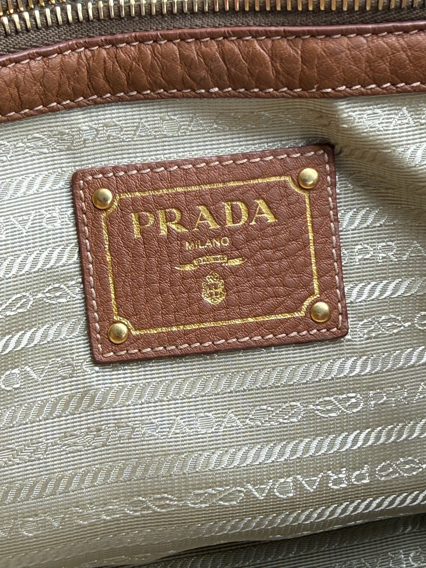 Prada Brown Leather Vitelo Daino Side Zip Shoulder Tote Bag