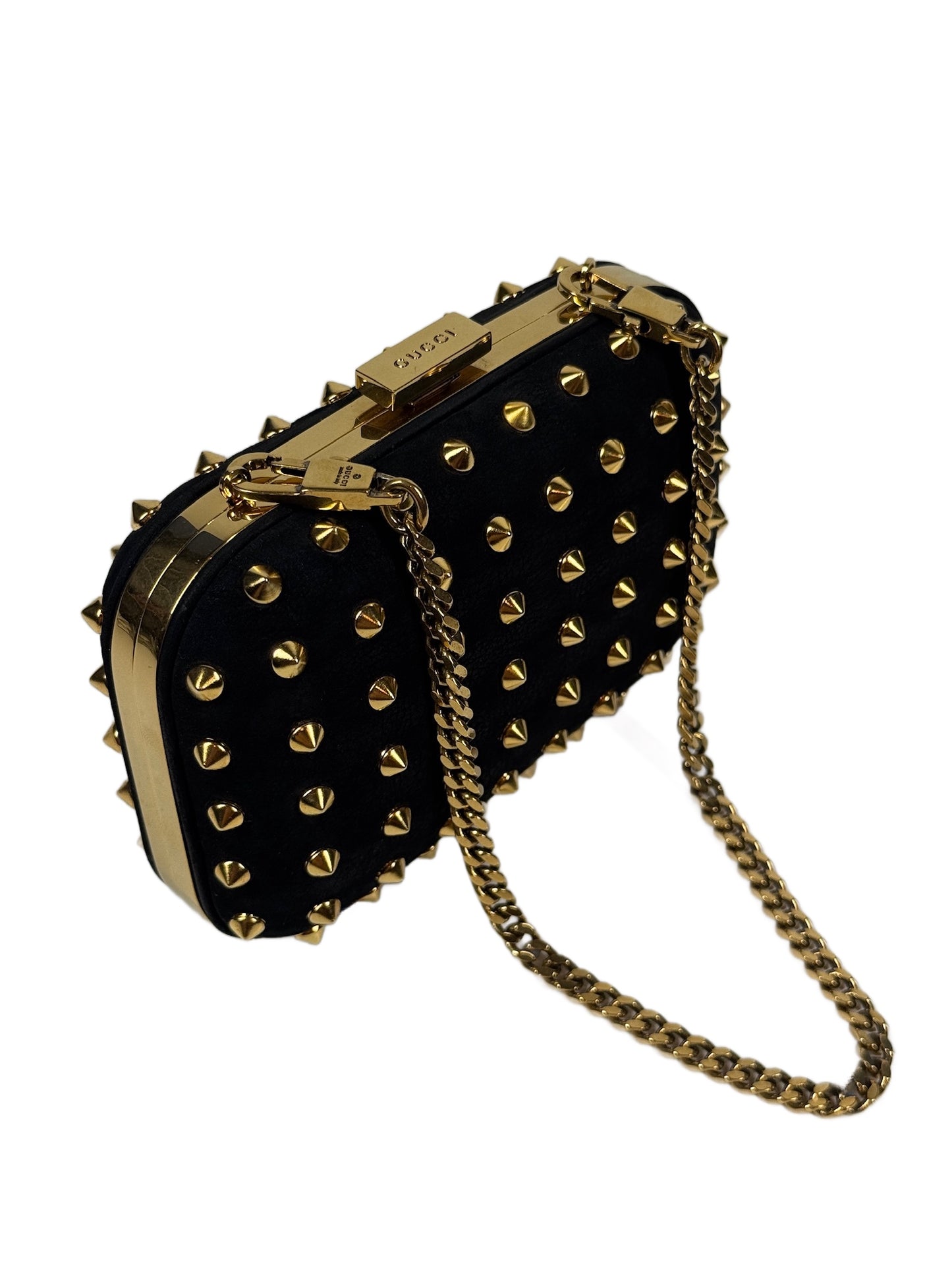 Gucci Black Leather Gold Studded Broadway Clutch