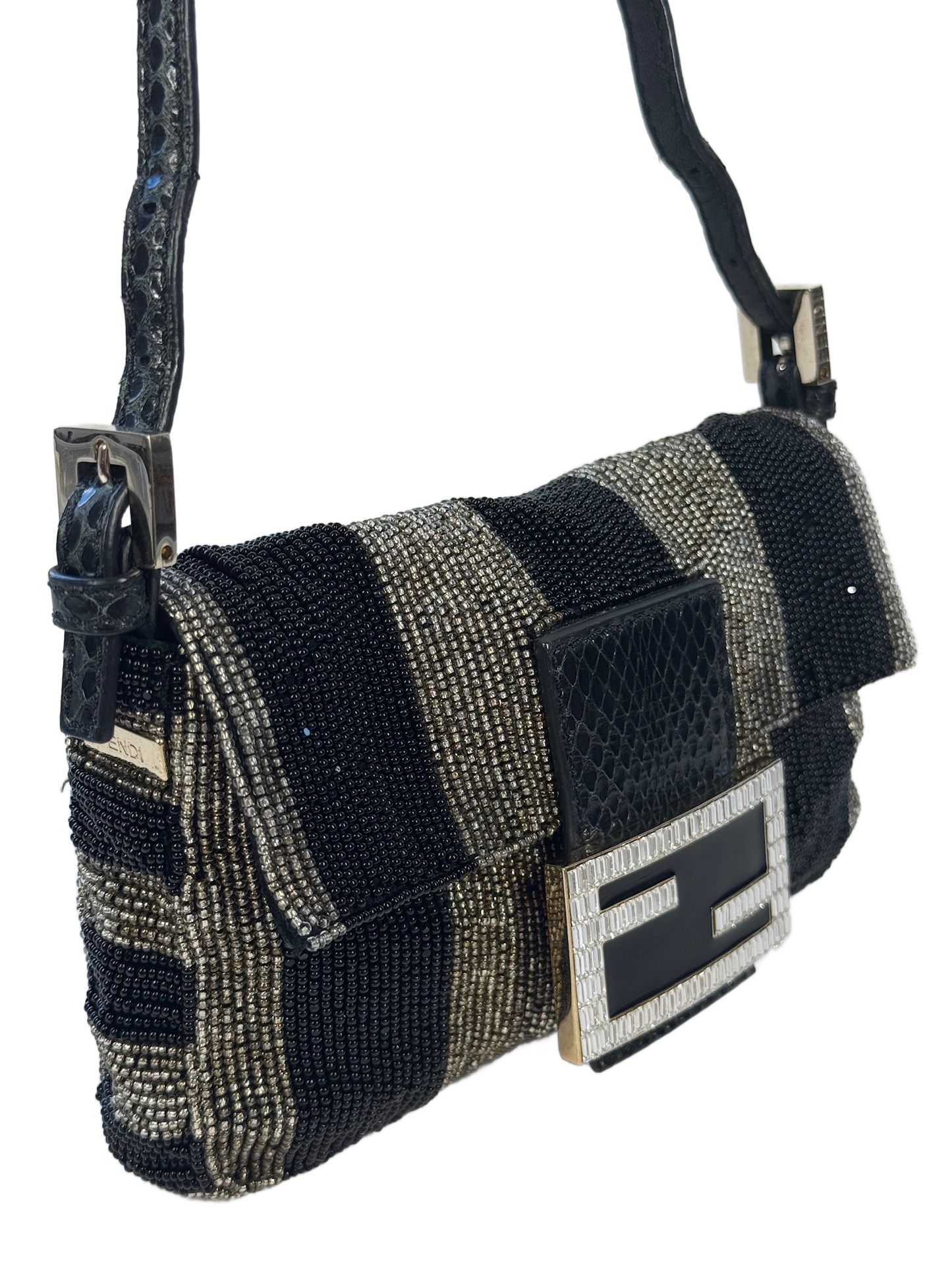 Fendi Vintage Black & Silver Metallic Striped Beaded Crystal Embellished Logo Mini Baguette w Snakeskin Trim