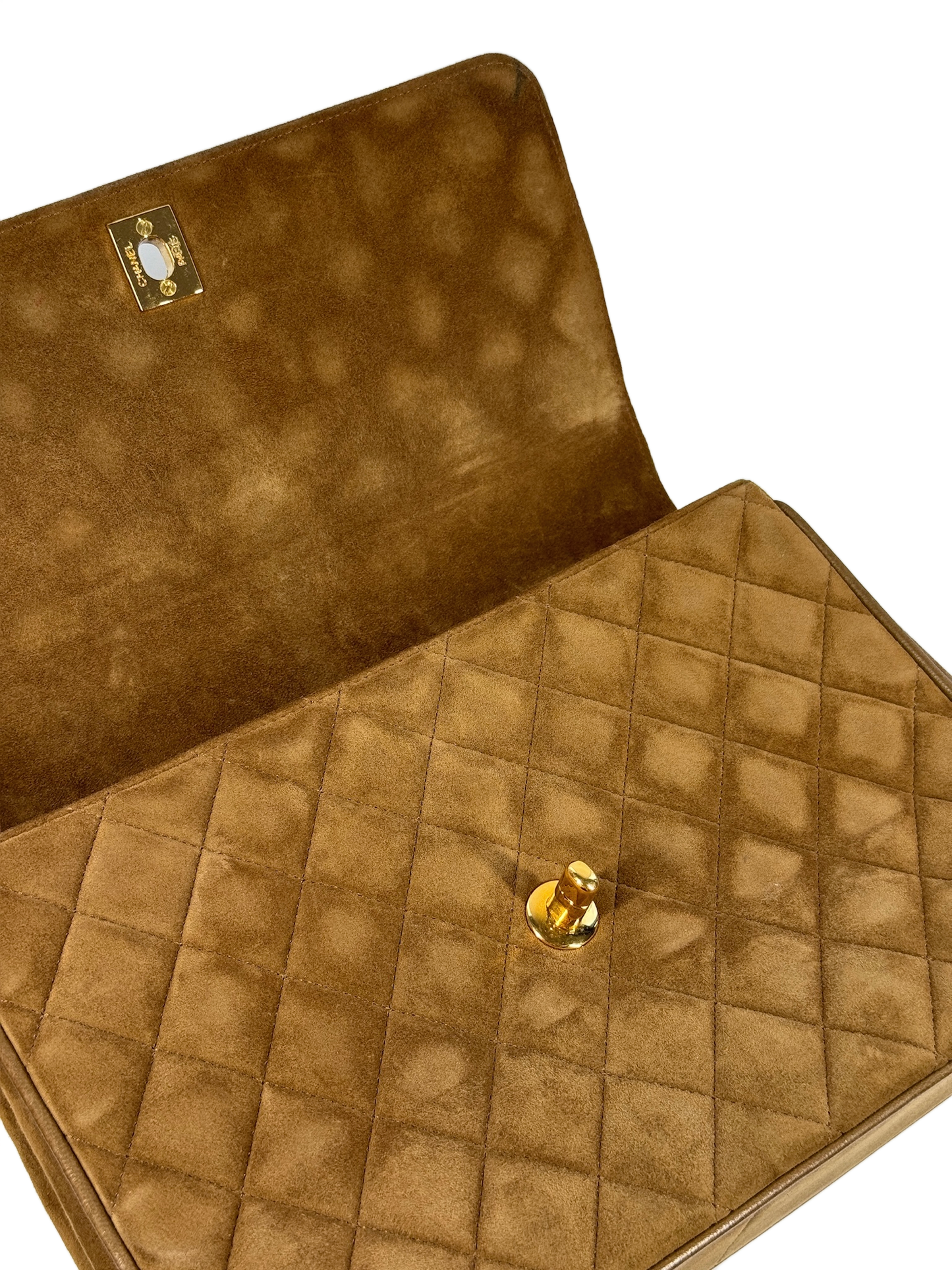 Chanel Vintage 90s Light Brown Quilted Suede Quilted Medium Classic Flap Shoulder Crossbody Bag w 24K Gold Plated Hardware