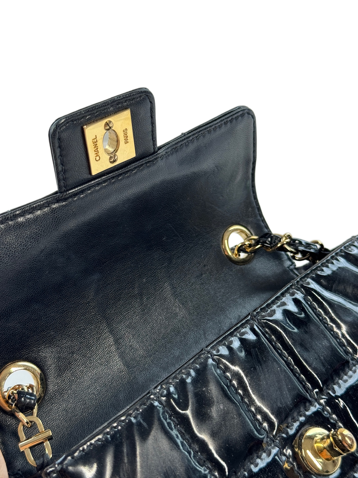 Chanel Vintage 00s Black Patent Leather Mini Rectangular Quilted Chocolate Bar Flap Bag w 24K Gold Plated Hardware