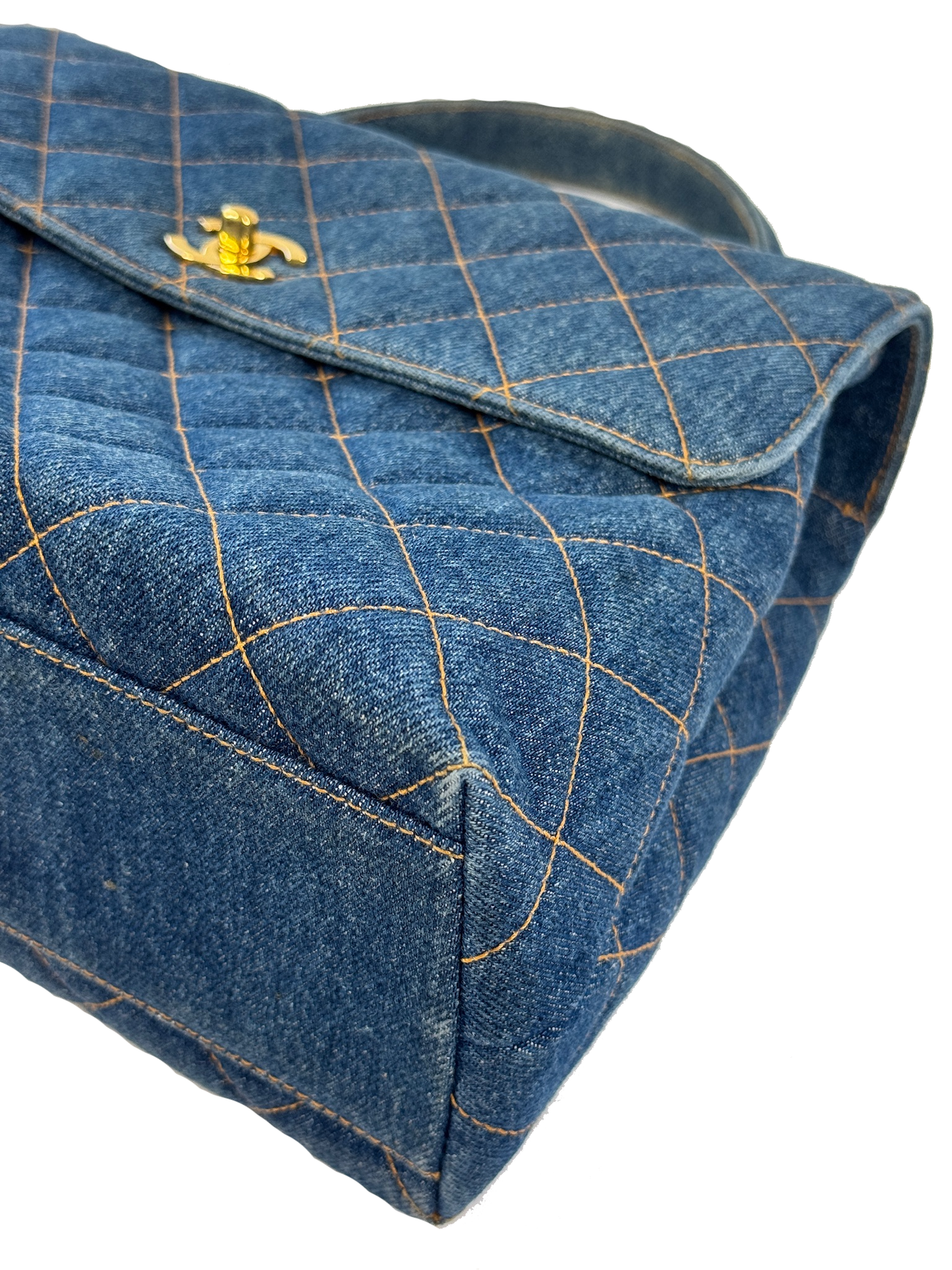 Chanel Vintage 1997 Blue Quilted Denim Medium Classic Kelly Top Handle Flap Bag w 24K Gold Plated Hardware