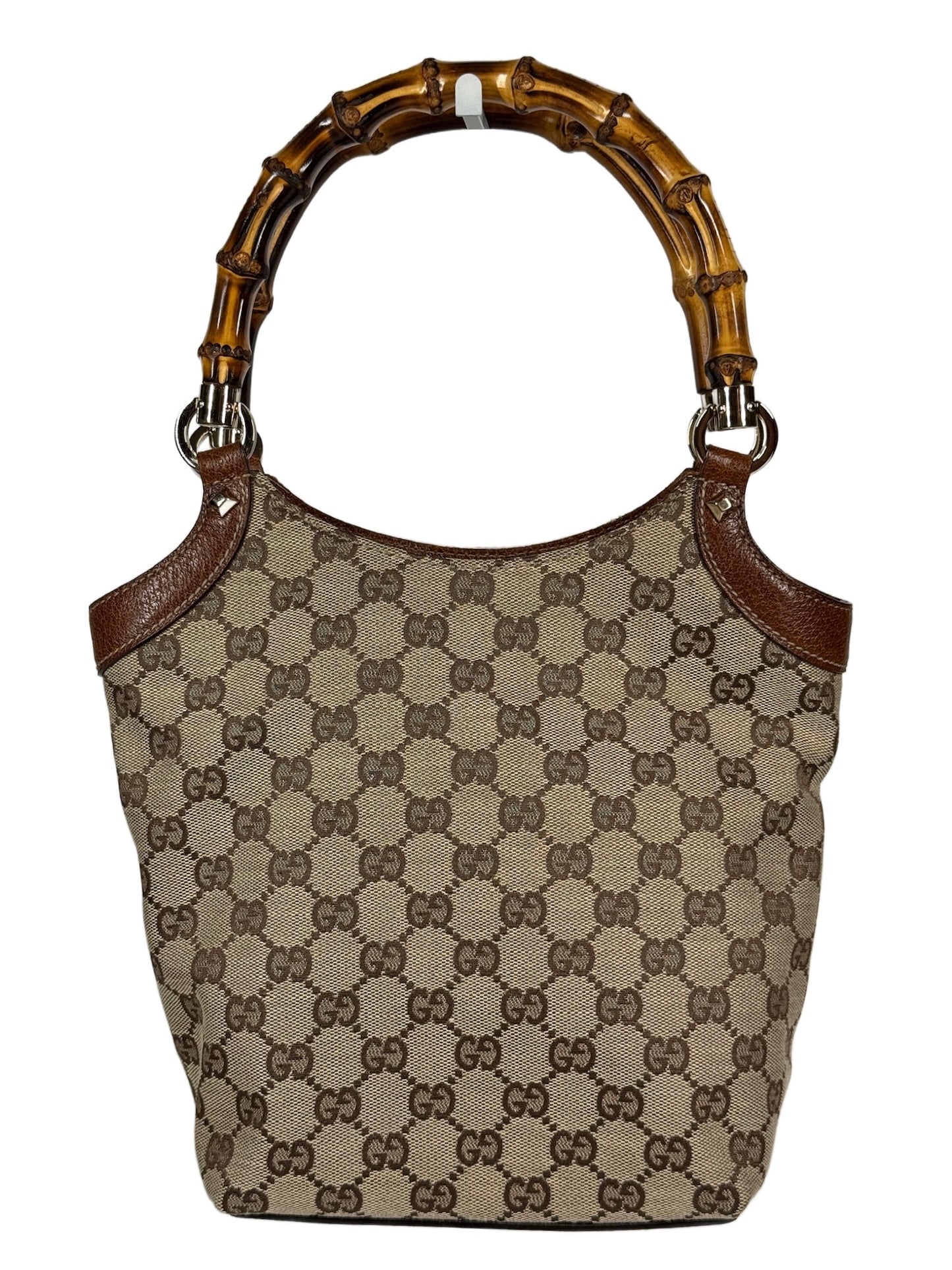 Gucci Vintage Brown GG Monogram Canvas Brown Leather Trim Bamboo Top Handle Bucket Bag