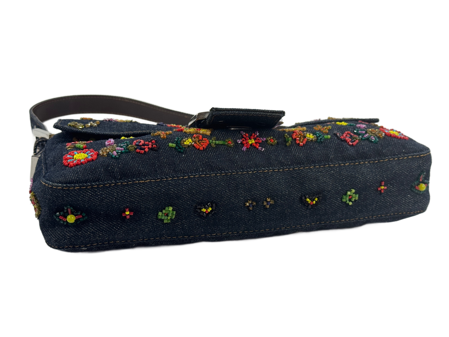 Fendi Vintage Blue Denim Floral Embroidered Beaded Shoulder Baguette Bag