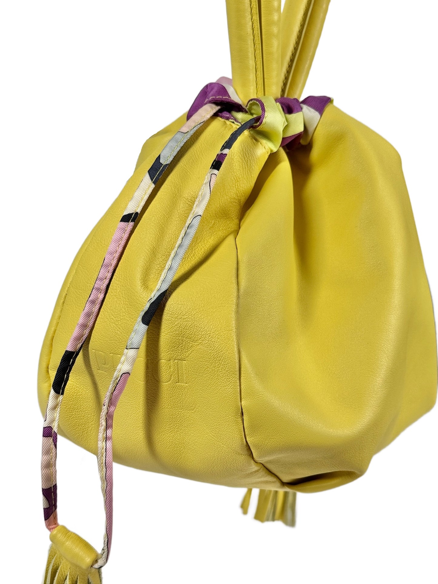 Emilio Pucci Yellow Leather Drawstring Tassel Silk Pattern Bag