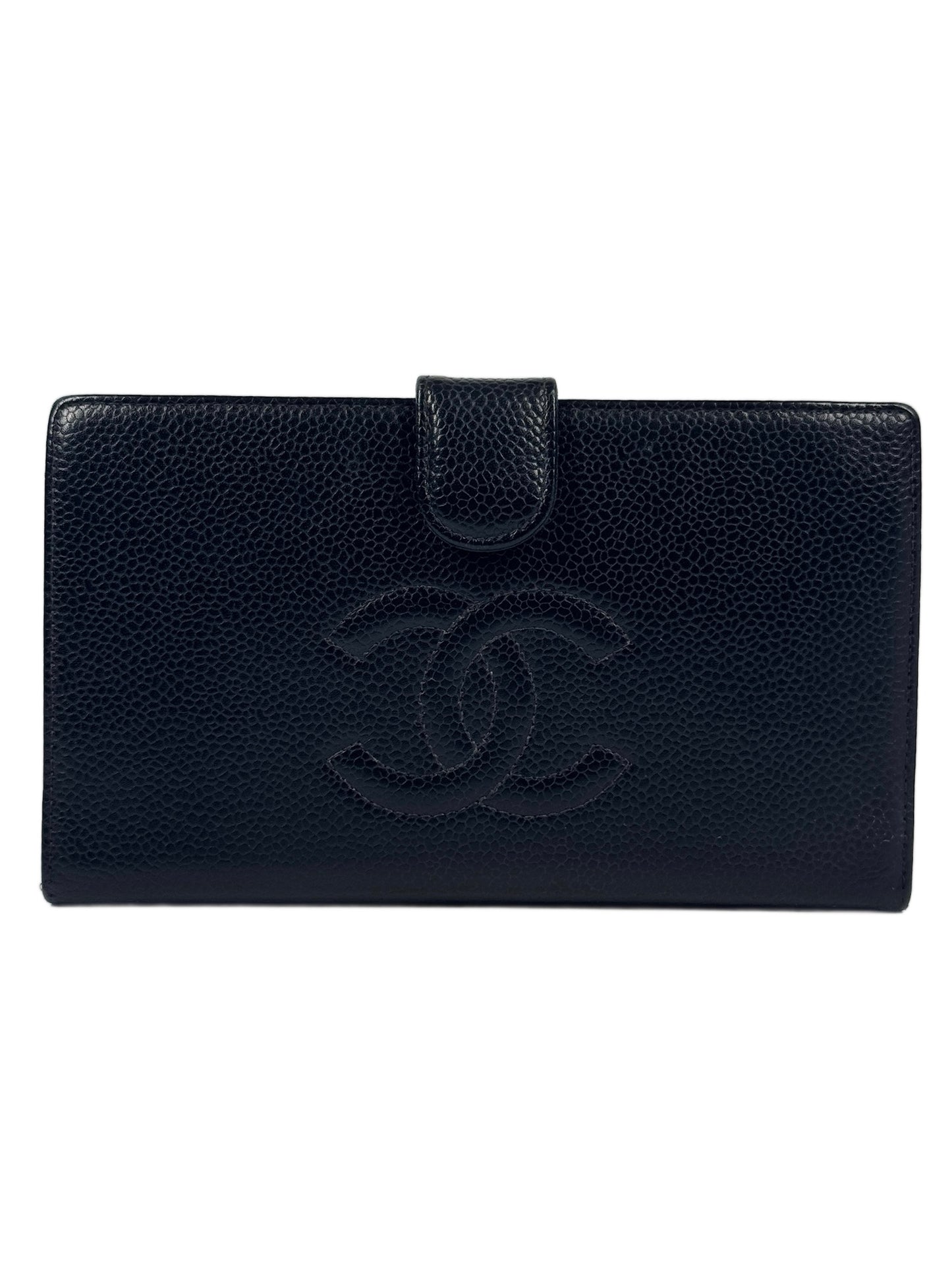Chanel Vintage Black Caviar CC Logo Long Snap Bifold Wallet