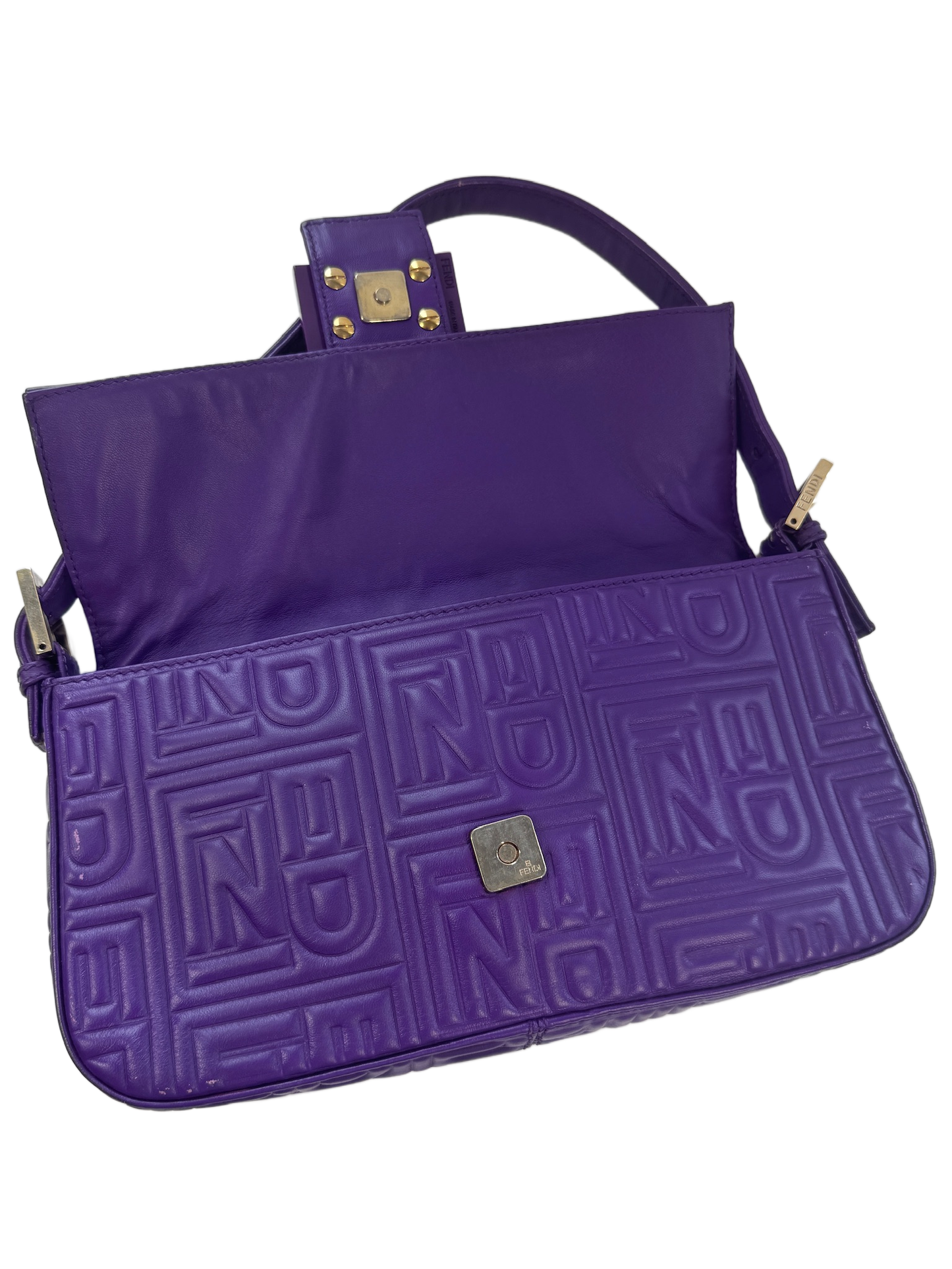 Fendi Purple Nappa Embossed Logo Leather Shoulder Baguette Bag