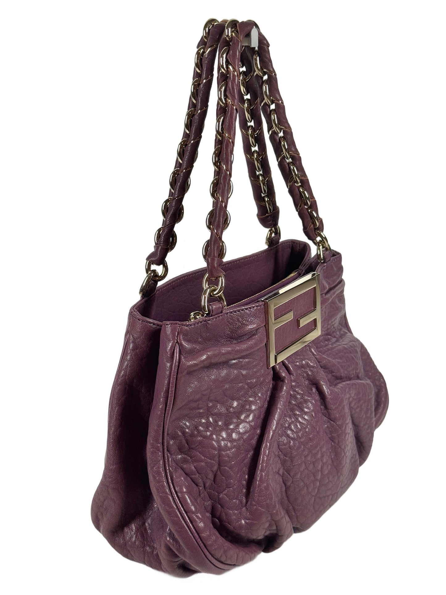 Fendi Purple Ruffled Leather Mia Shoulder Tote Bag