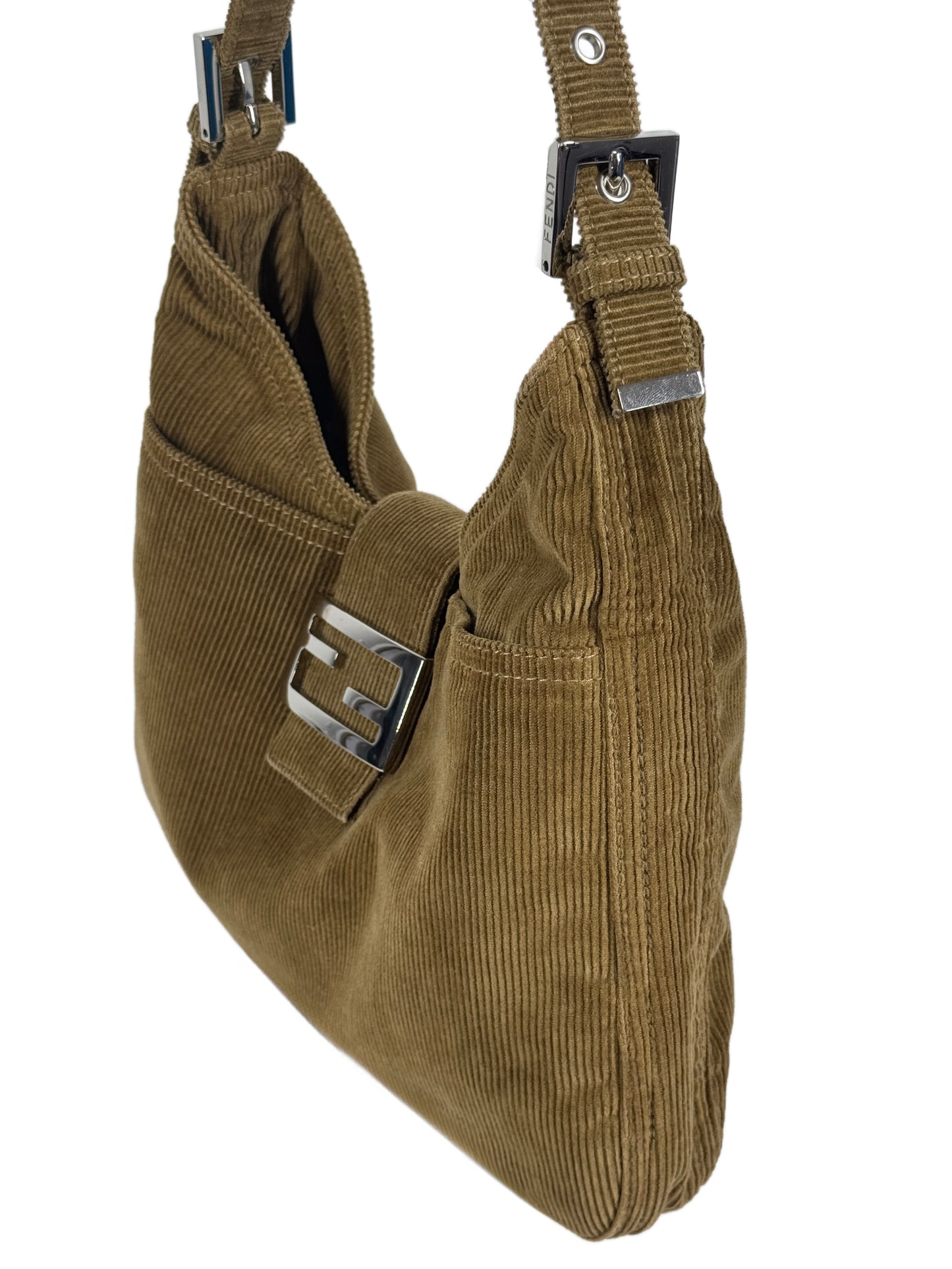 Fendi Vintage Beige Brown Corduroy Shoulder Hobo Baguette Bag