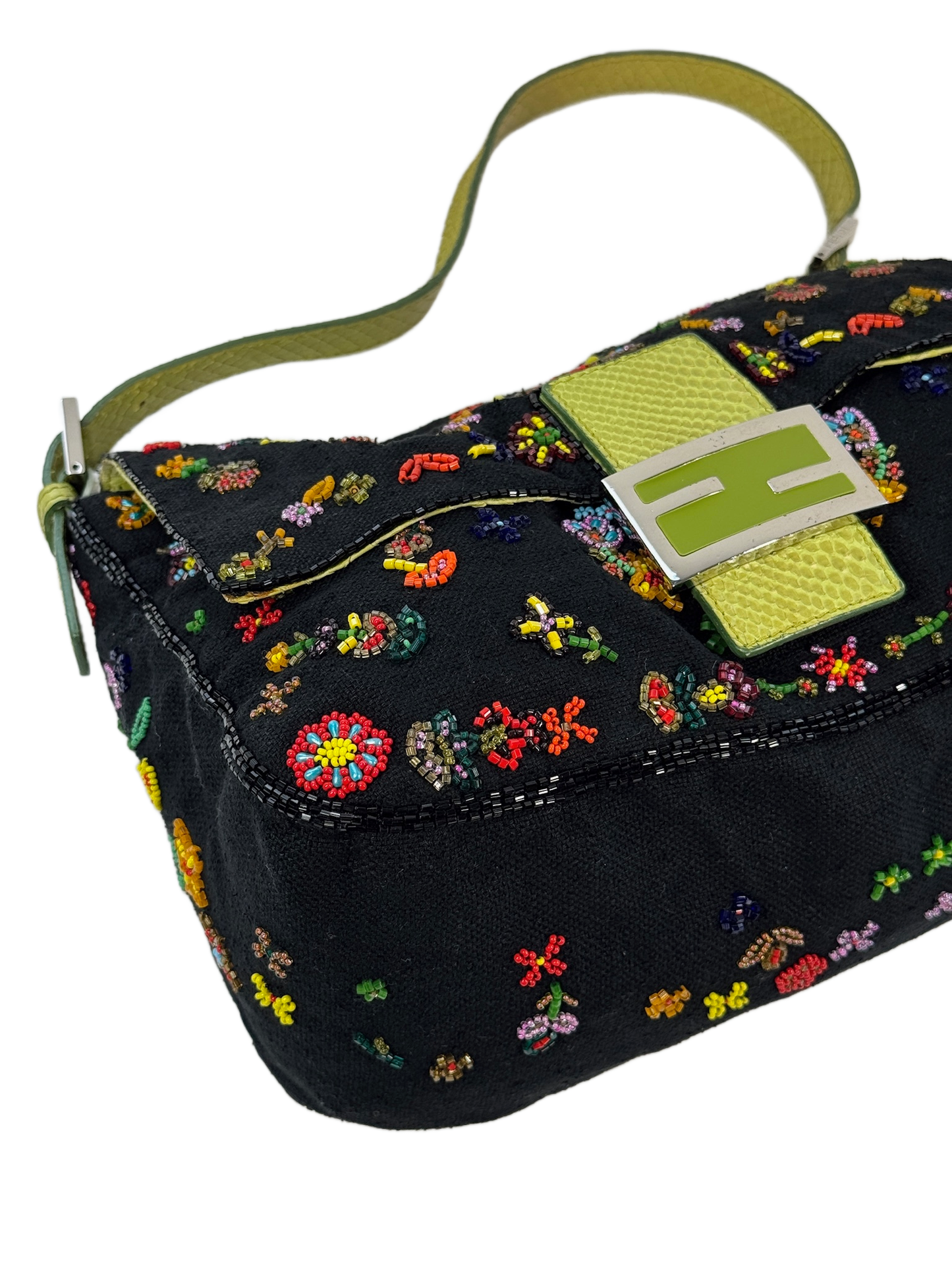 Fendi Vintage Black Knit Floral Beaded Embroidered Mamma Baguette Shoulder Bag w Green Lizard Trim