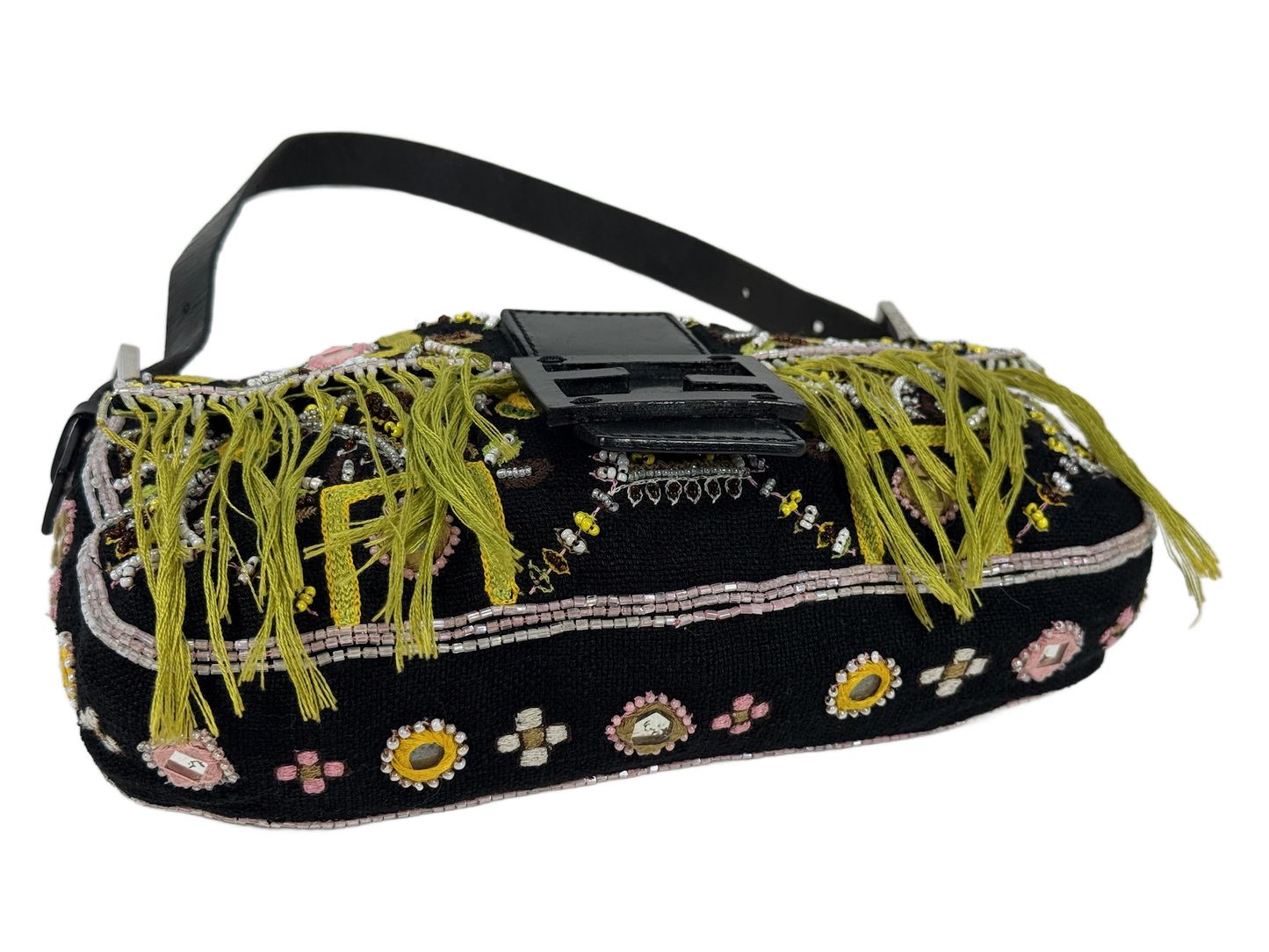 Fendi Vintage Black Knit Embroidered Pink Beaded Green Fringe Baguette Shoulder Bag