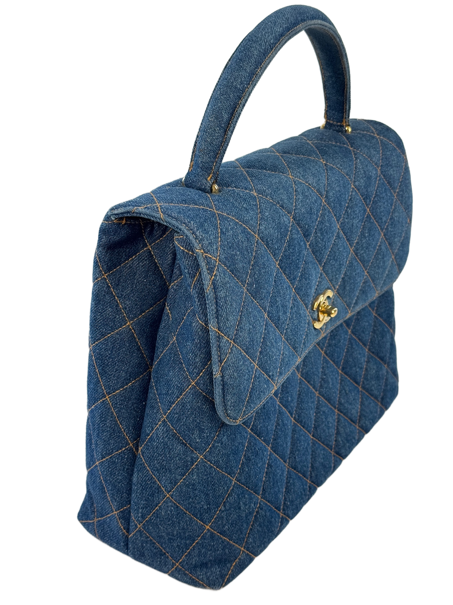 Chanel Vintage 1997 Blue Quilted Denim Medium Classic Kelly Top Handle Flap Bag w 24K Gold Plated Hardware