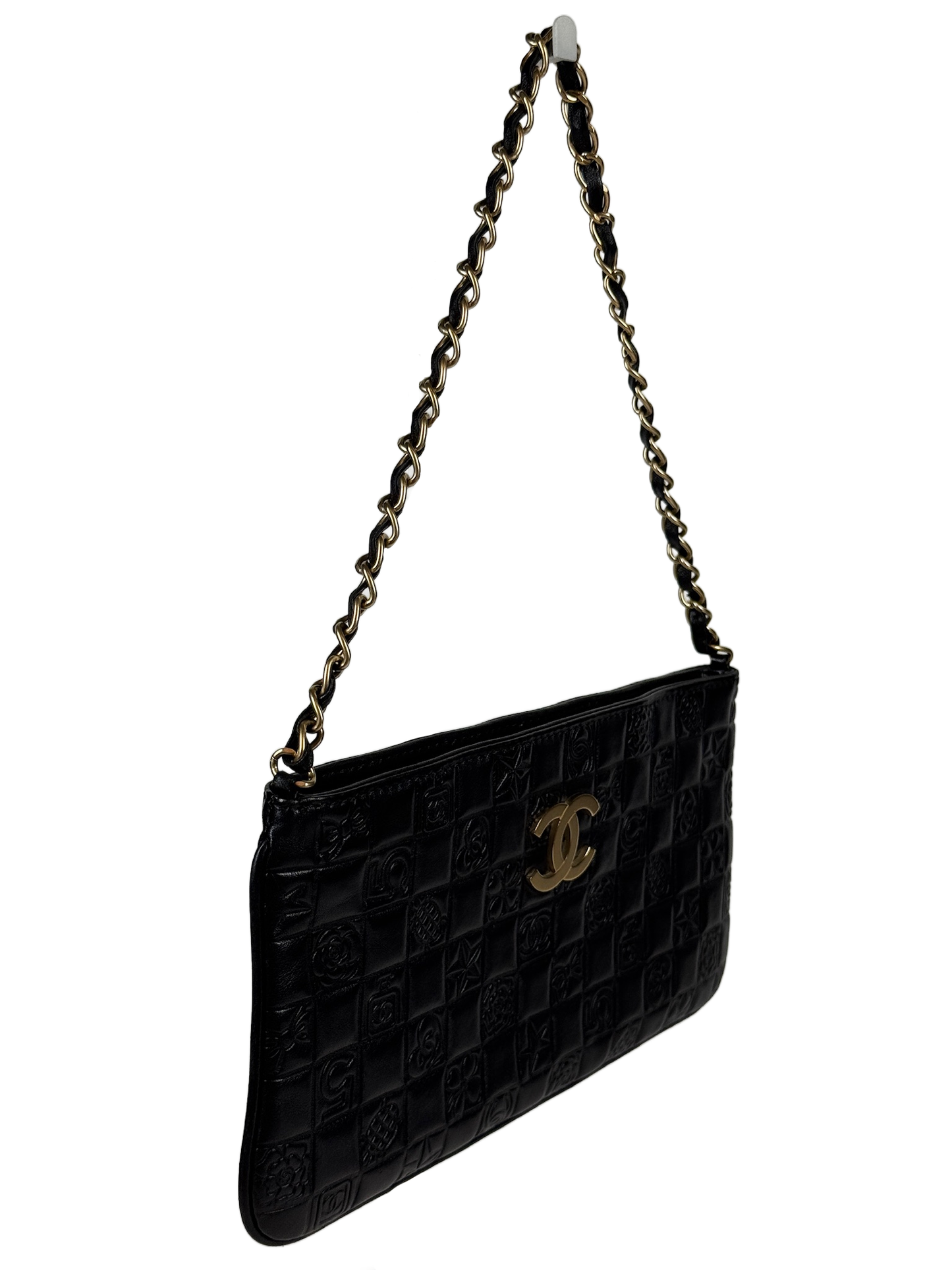 Chanel Vintage 00s Black Lambskin Leather Chocolate Bar Embossed Pochette Shoulder Bag