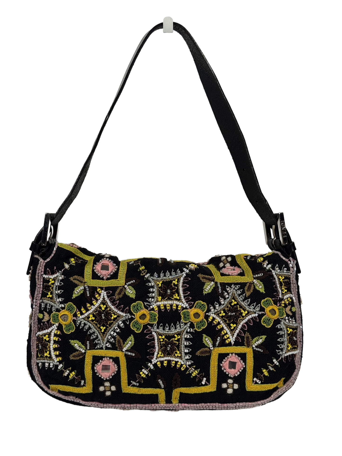Fendi Vintage Black Knit Embroidered Pink Beaded Green Fringe Baguette Shoulder Bag