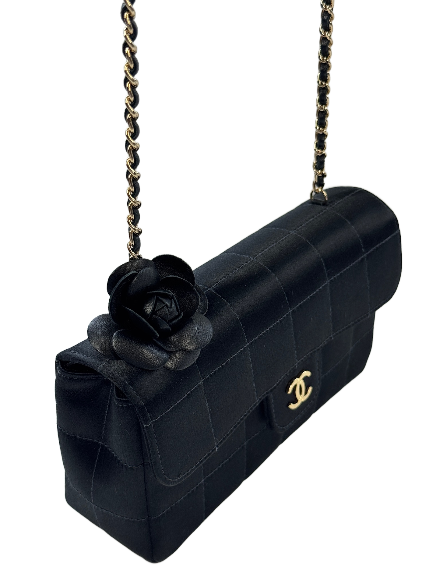 Chanel Vintage 00s Black Satin Quilted Chocolate Bar Camellia Flower Extra Mini Flap Bag