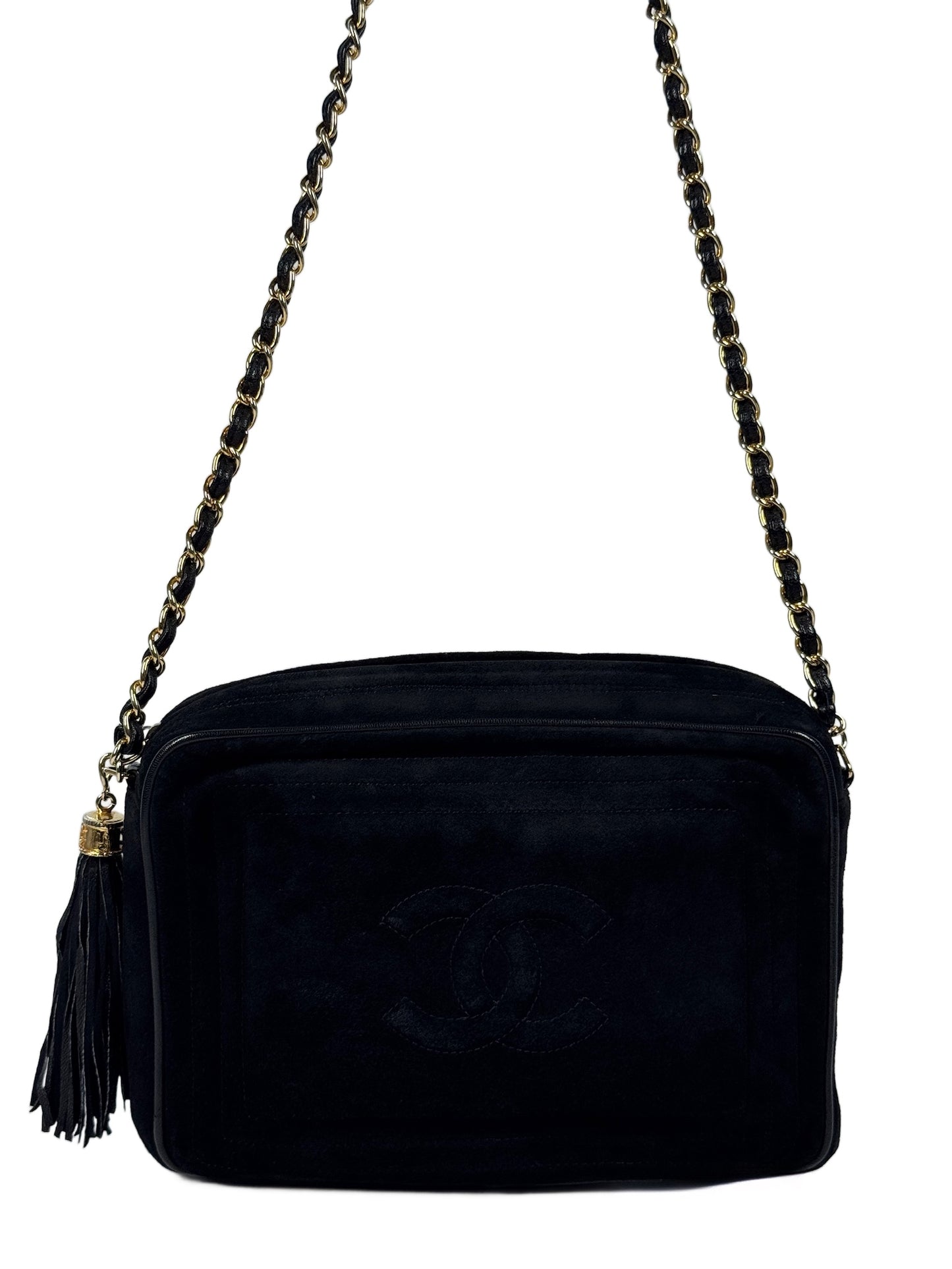 Chanel Vintage 80s Black Suede CC Logo Tassel Shoulder Camera Bag w 24K Gold Plated Hardware