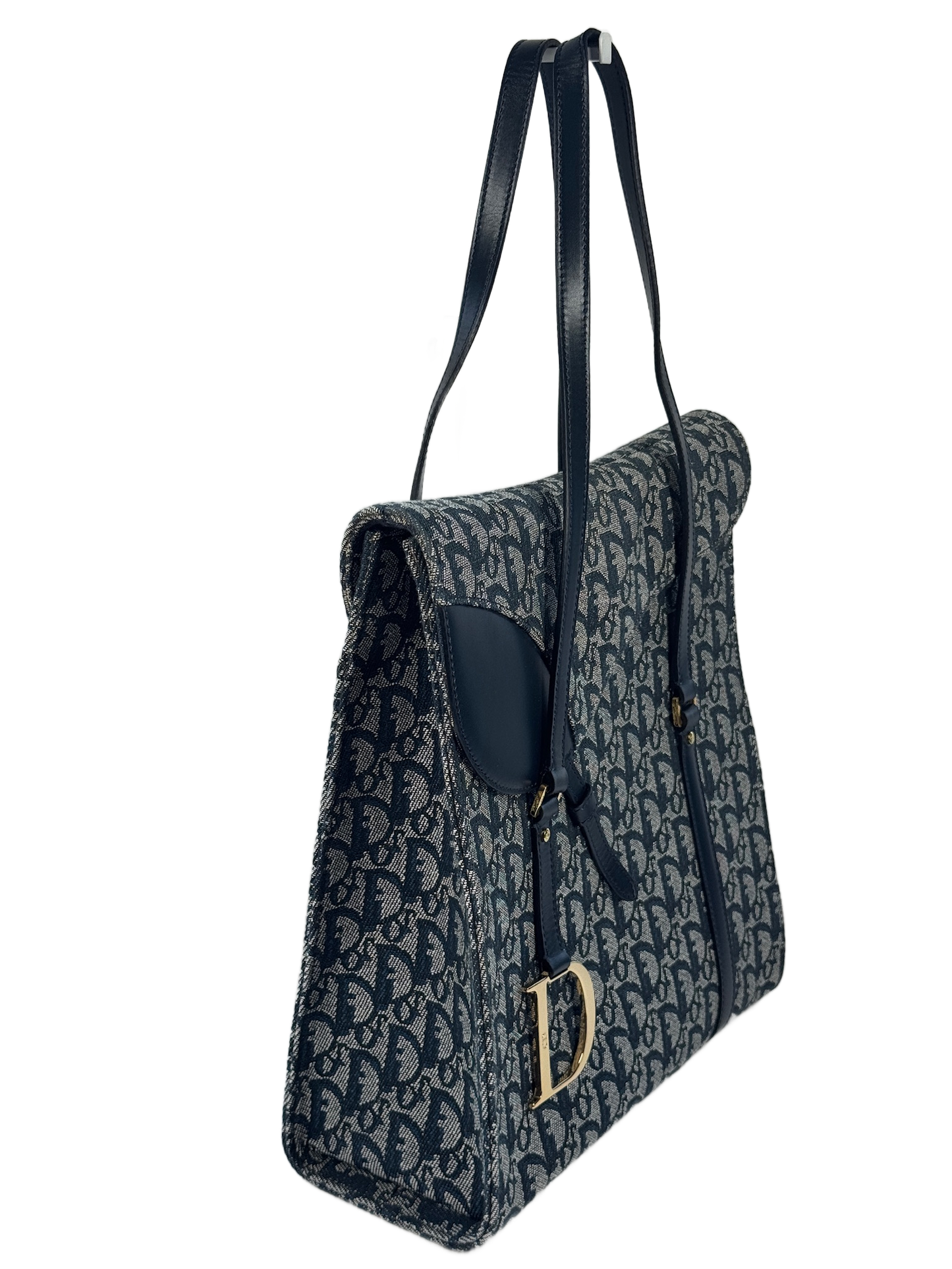Dior Vintage 2002 Navy Blue Trotter Monogram Canvas Saddle Tote Bag
