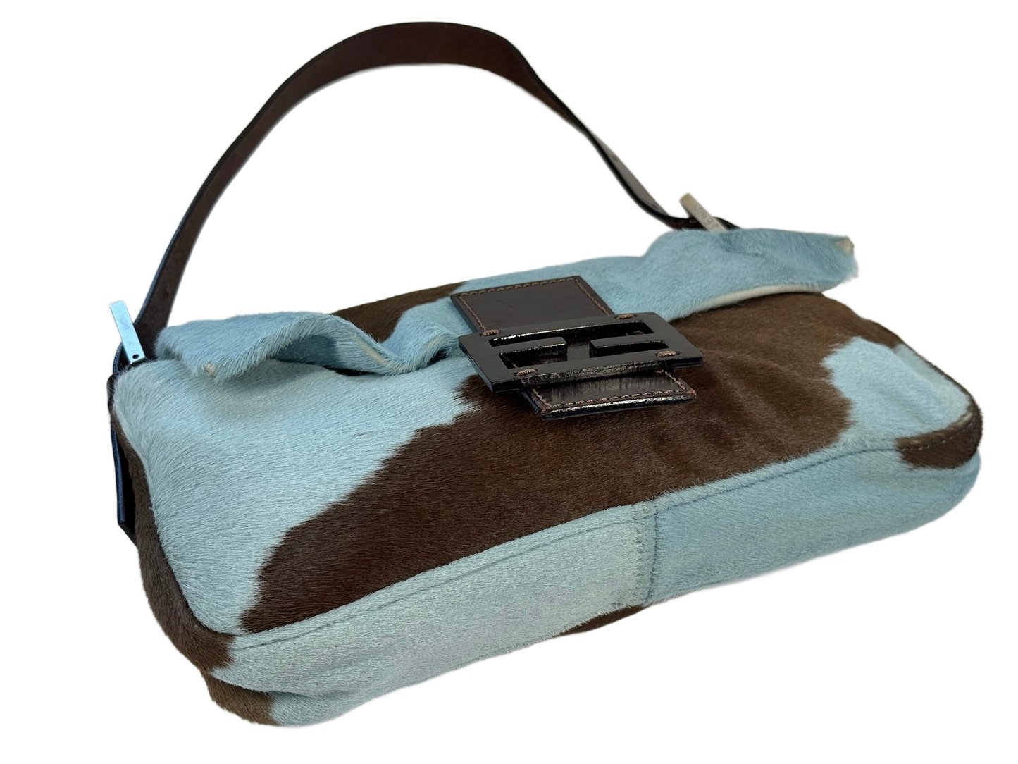 Fendi Vintage Blue & Brown Cow Animal Print Pony Hair Shoulder Baguette Bag
