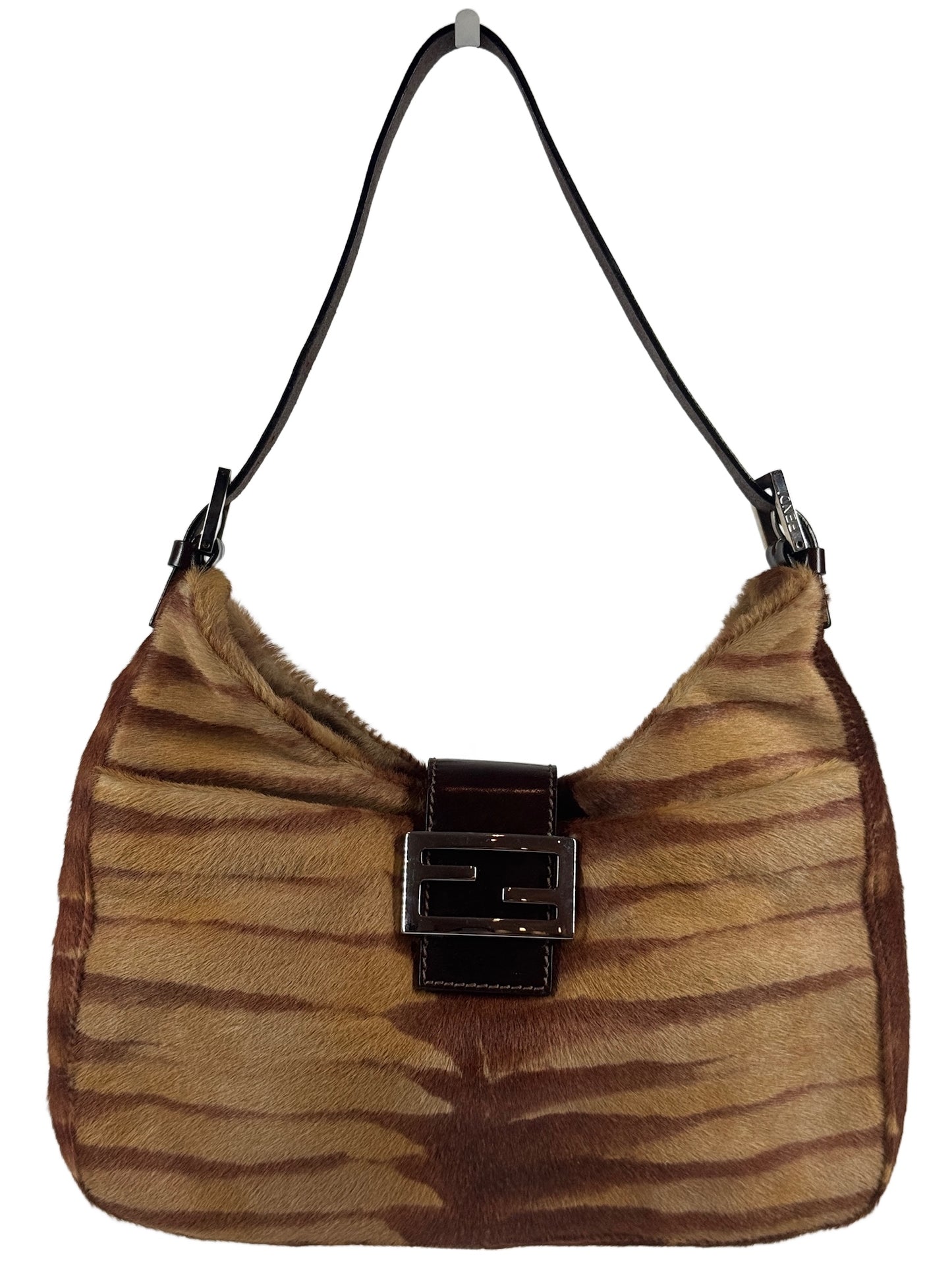 Fendi Vintage Brown Giraffe Print Pony Hair Shoulder Hobo Baguette Bag