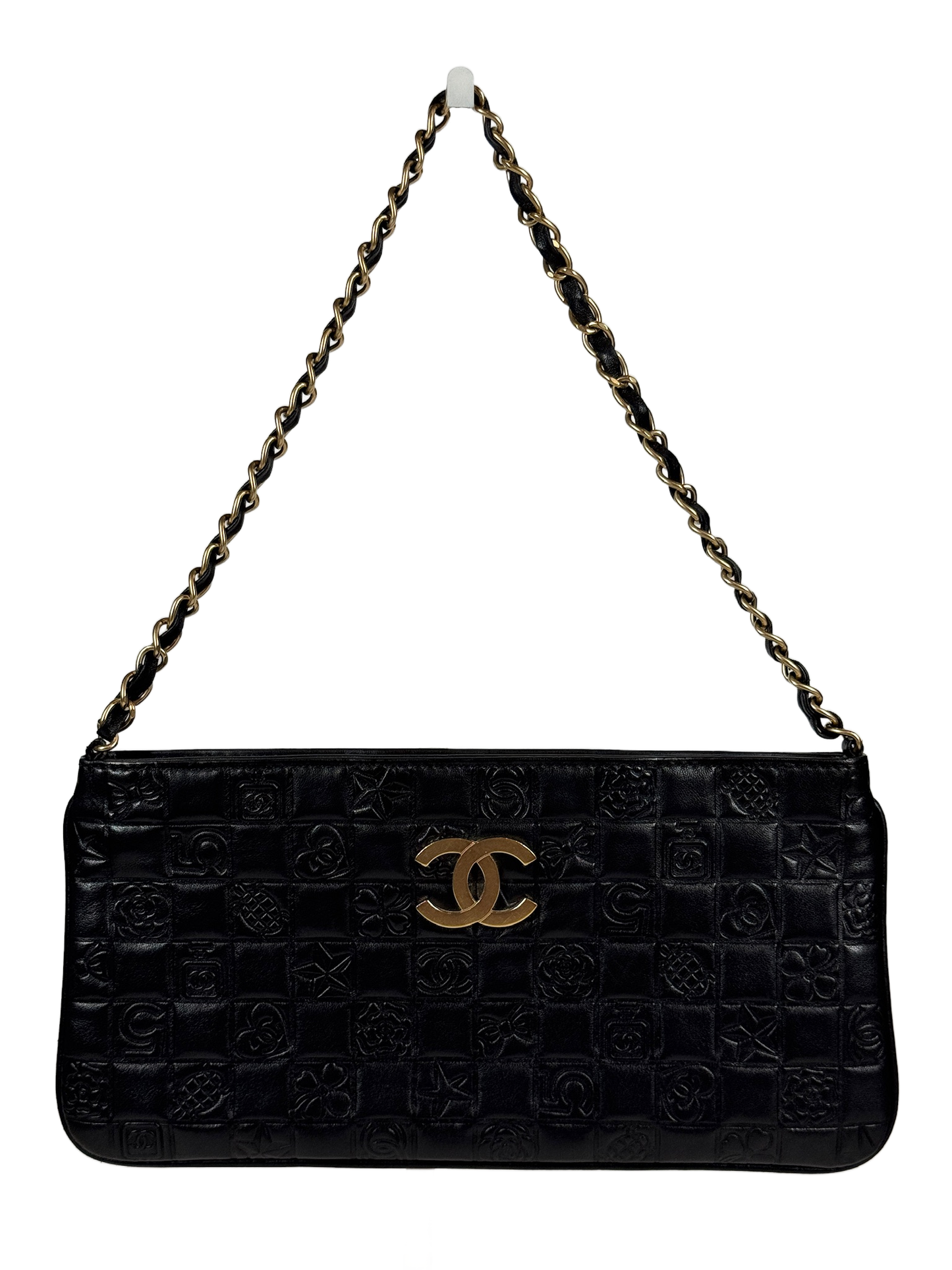 Chanel Vintage 00s Black Lambskin Leather Chocolate Bar Embossed Pochette Shoulder Bag