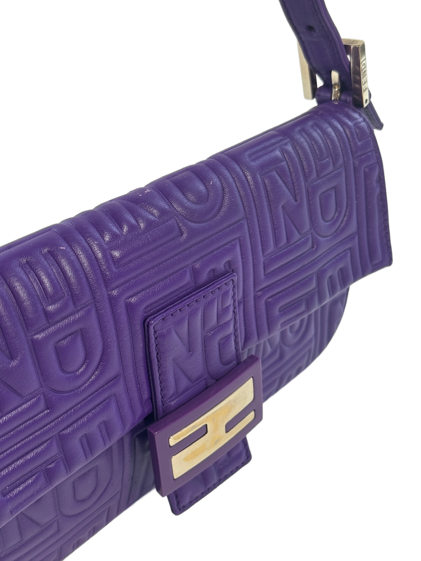 Fendi Purple Nappa Embossed Logo Leather Shoulder Baguette Bag