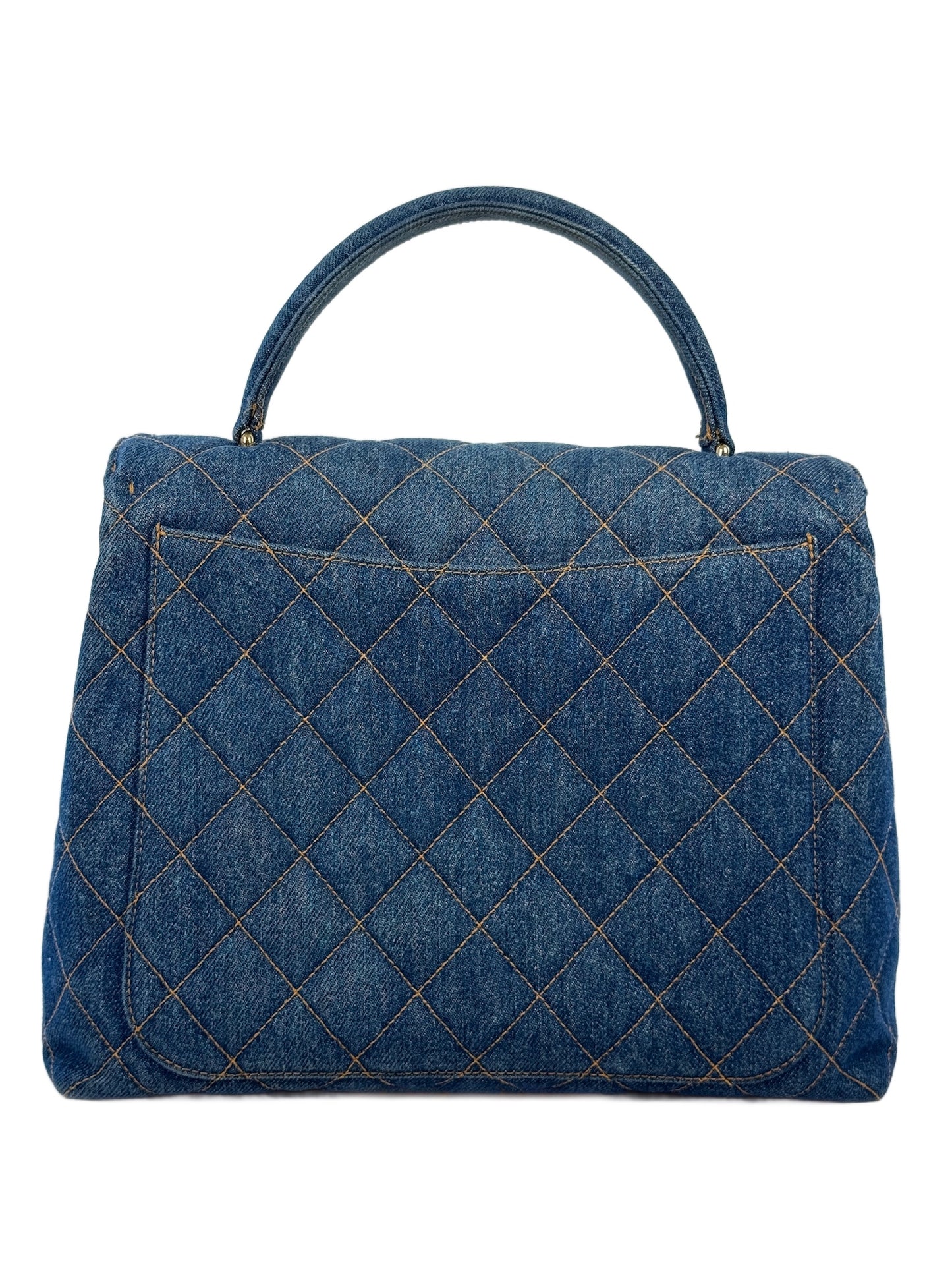 Chanel Vintage 1997 Blue Quilted Denim Medium Classic Kelly Top Handle Flap Bag w 24K Gold Plated Hardware