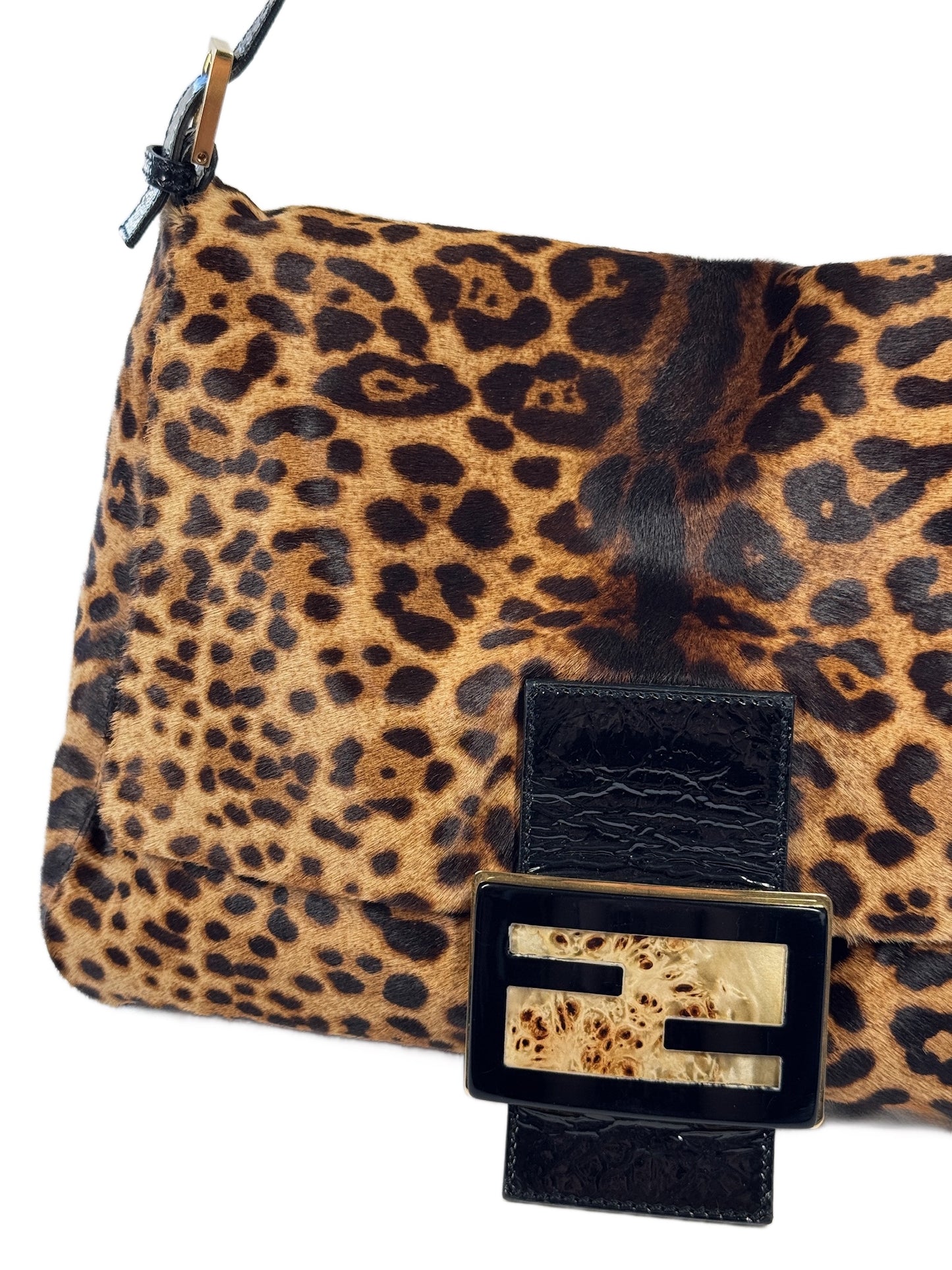 Fendi Vintage Brown Leopard Print Pony Hair w Black Patent Leather Trim XL Jumbo Mamma Baguette Shoulder Bag