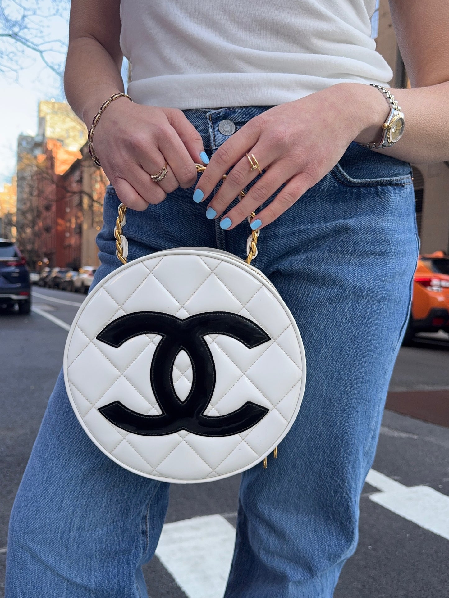 Chanel Vintage Spring 1995 Quilted White & Black Patent Leather CC Round Vanity Bag