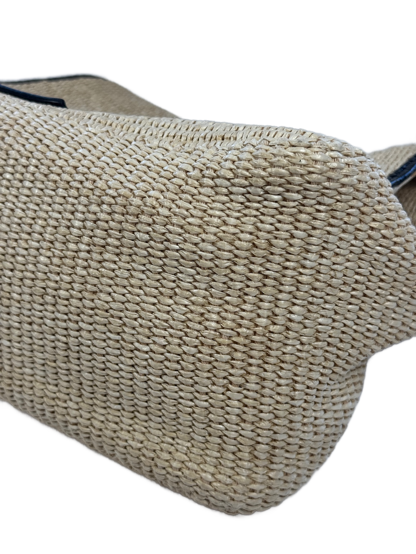 Fendi Vintage Beige Raffia Black Snakeskin Patent Leather Trim XL Mamma Baguette Shoulder Bag