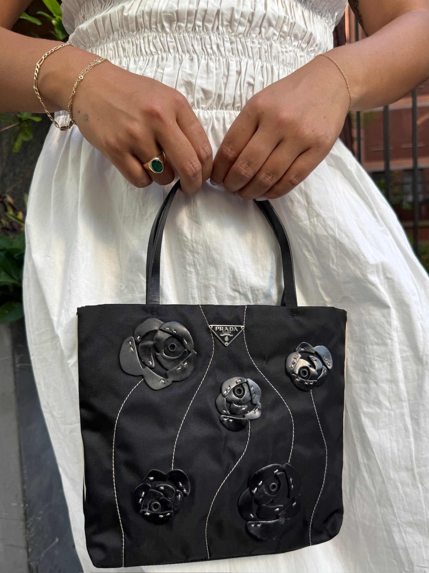 Prada Vintage Black Nylon Leather Flower Embellished Mini Top Handle Tote Bag
