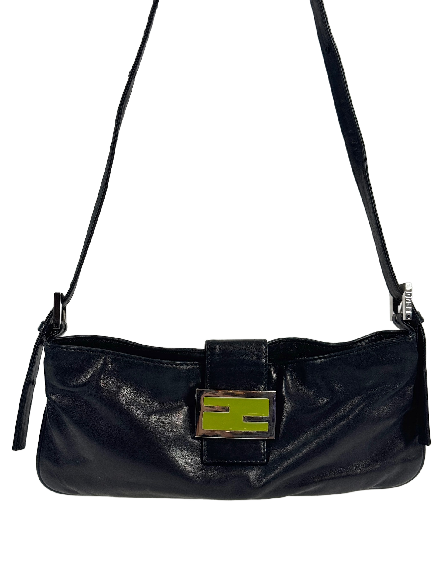 Fendi Vintage Black Lambskin Leather Green Logo Shoulder Baguette Bag