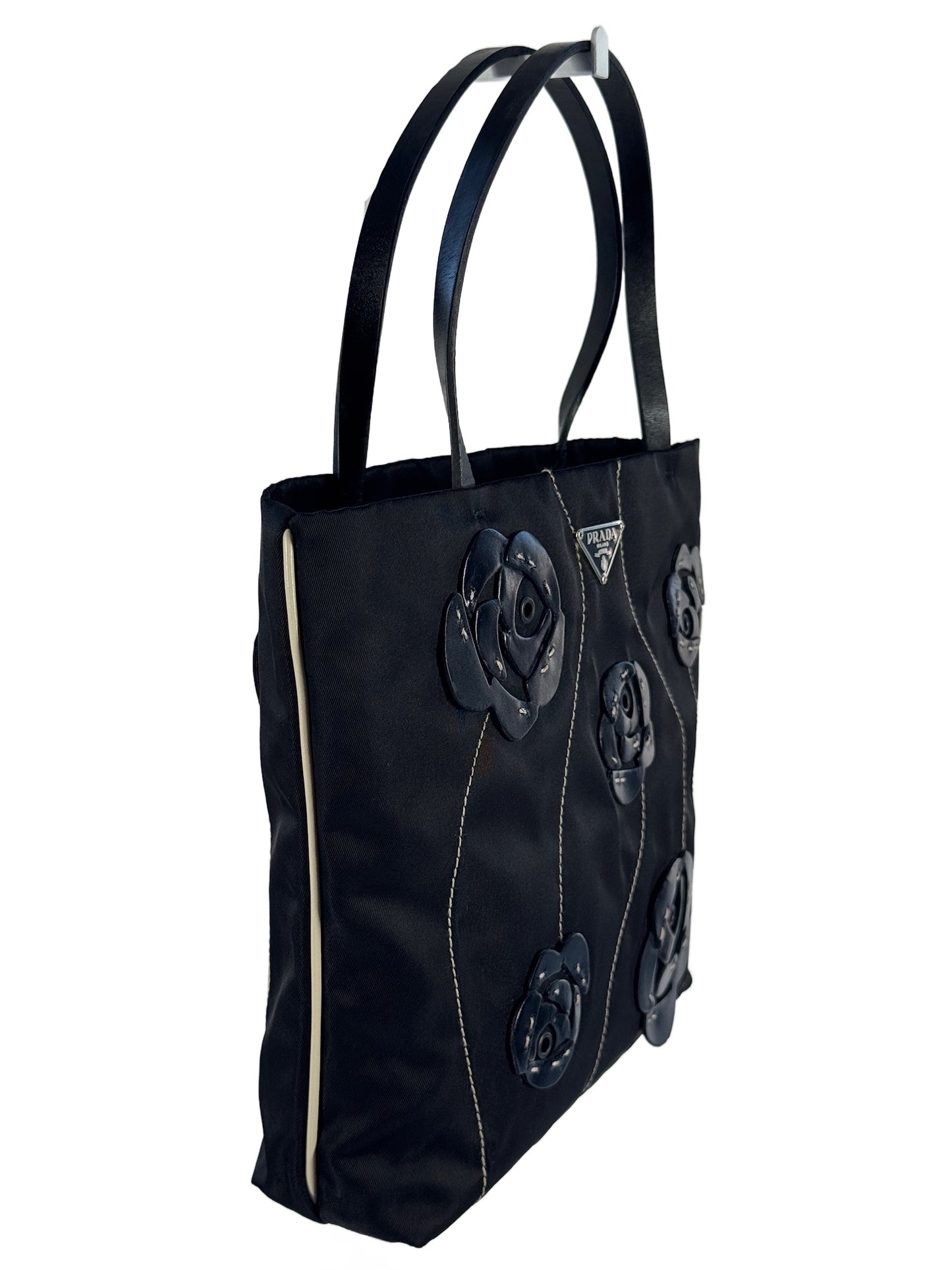 Prada Vintage Black Nylon Leather Flower Embellished Mini Top Handle Tote Bag