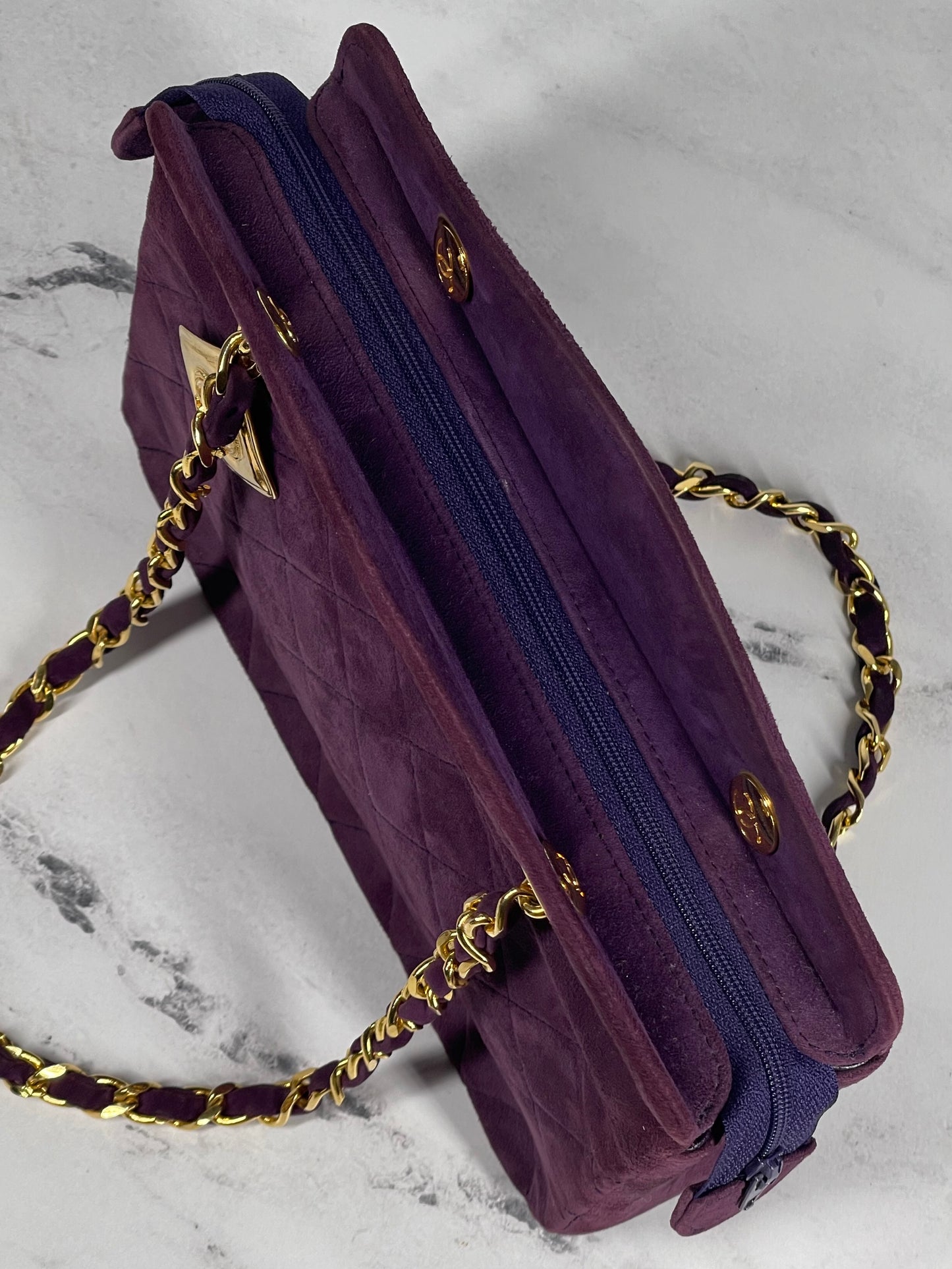 Chanel Vintage 1 Series Eggplant Purple Suede Chain Shoulder Bag w 24K GPHW
