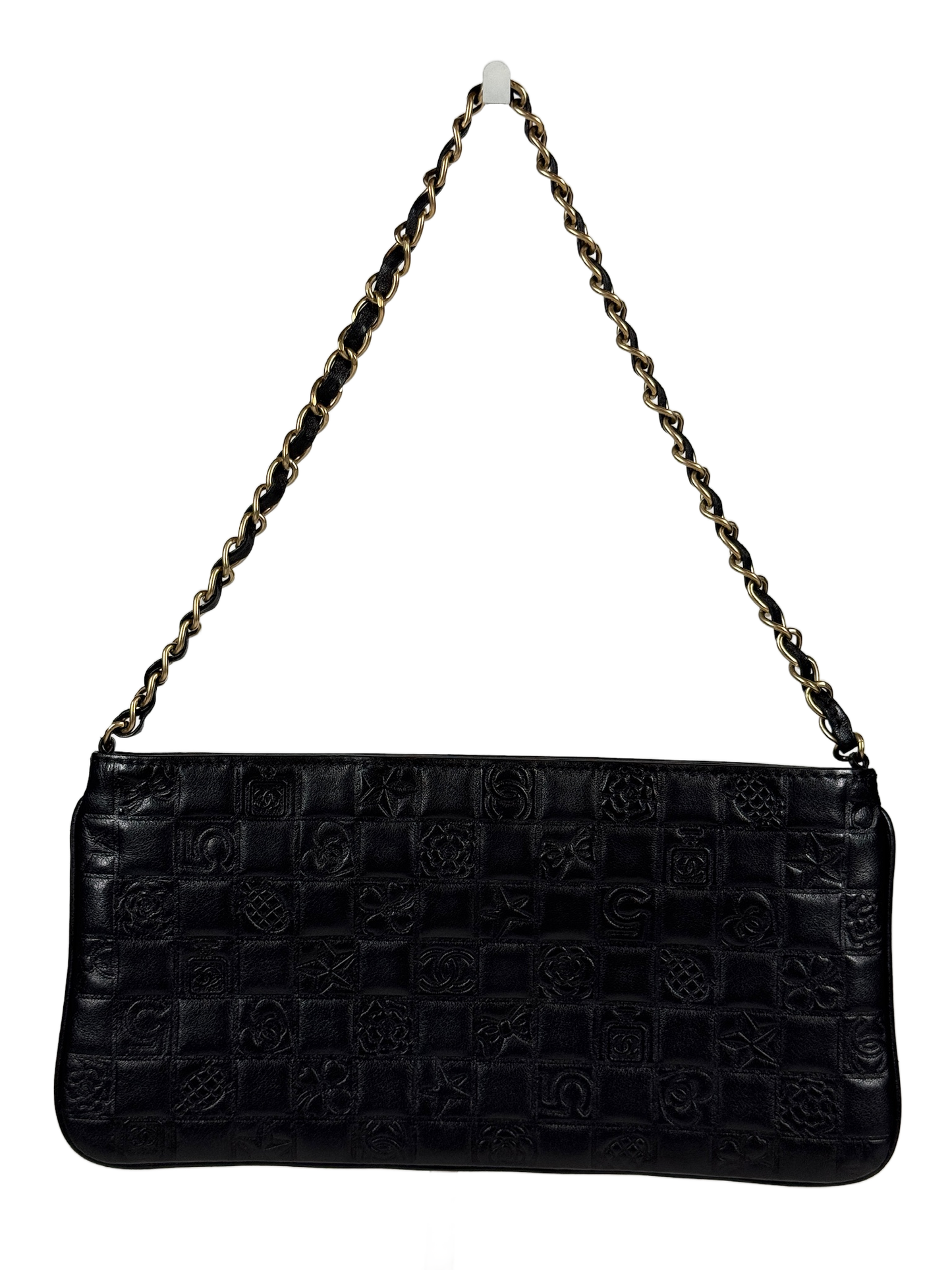 Chanel Vintage 00s Black Lambskin Leather Chocolate Bar Embossed Pochette Shoulder Bag