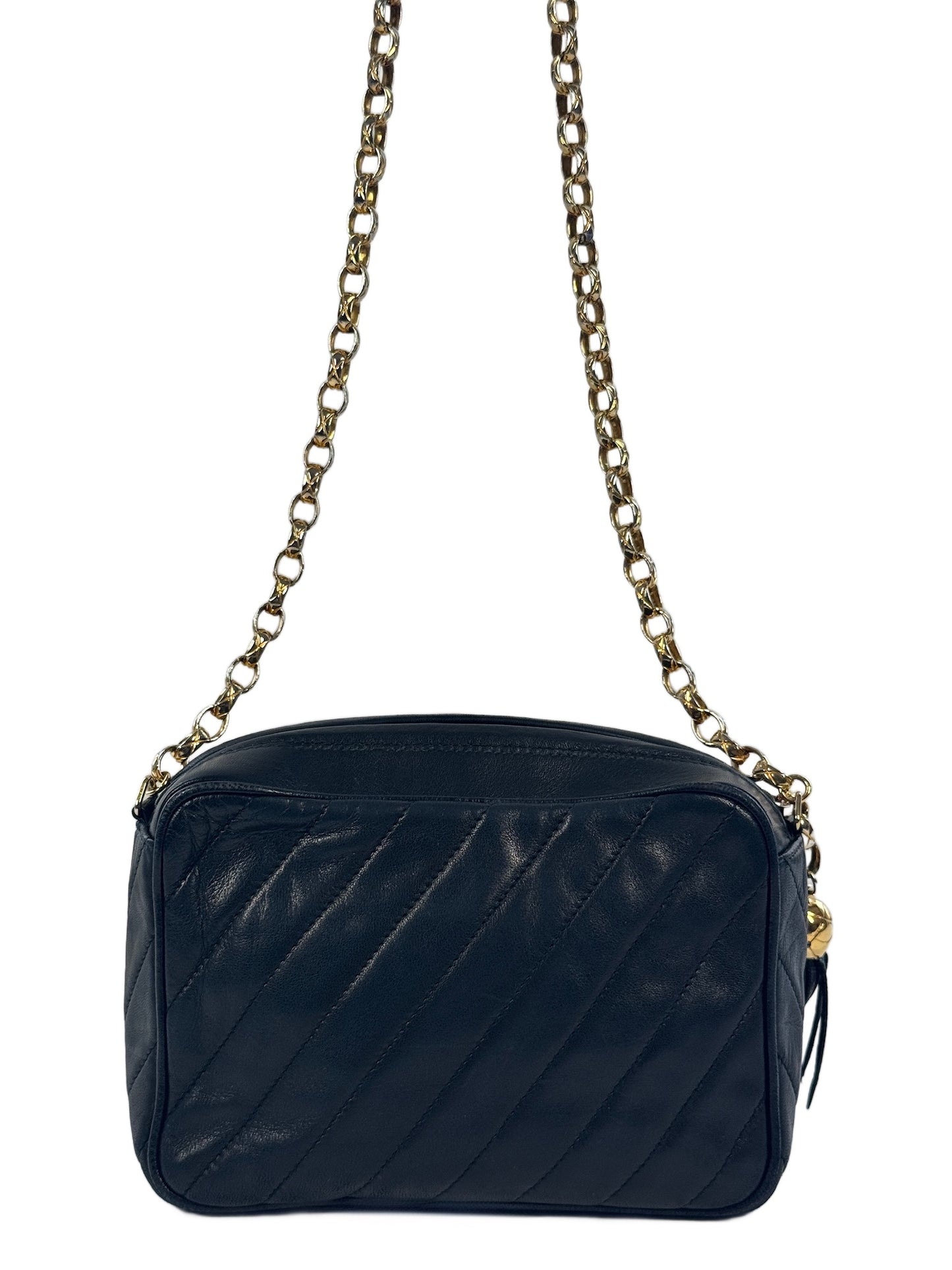 Chanel Vintage 90s Navy Blue Diagonal Quilted Lambskin Leather Tassel Camera Bag w 24K Gold Plated Hardware