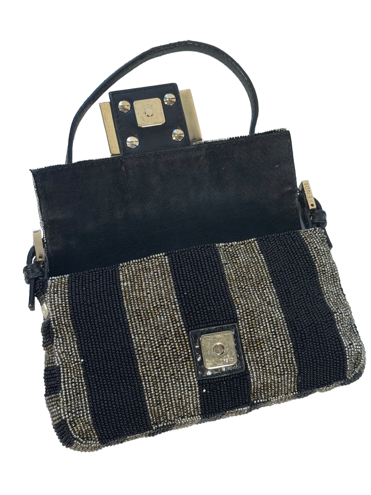 Fendi Vintage Black & Silver Metallic Striped Beaded Crystal Embellished Logo Mini Baguette w Snakeskin Trim