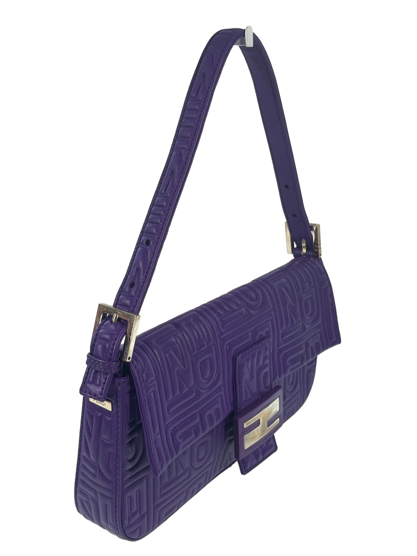 Fendi Purple Nappa Embossed Logo Leather Shoulder Baguette Bag