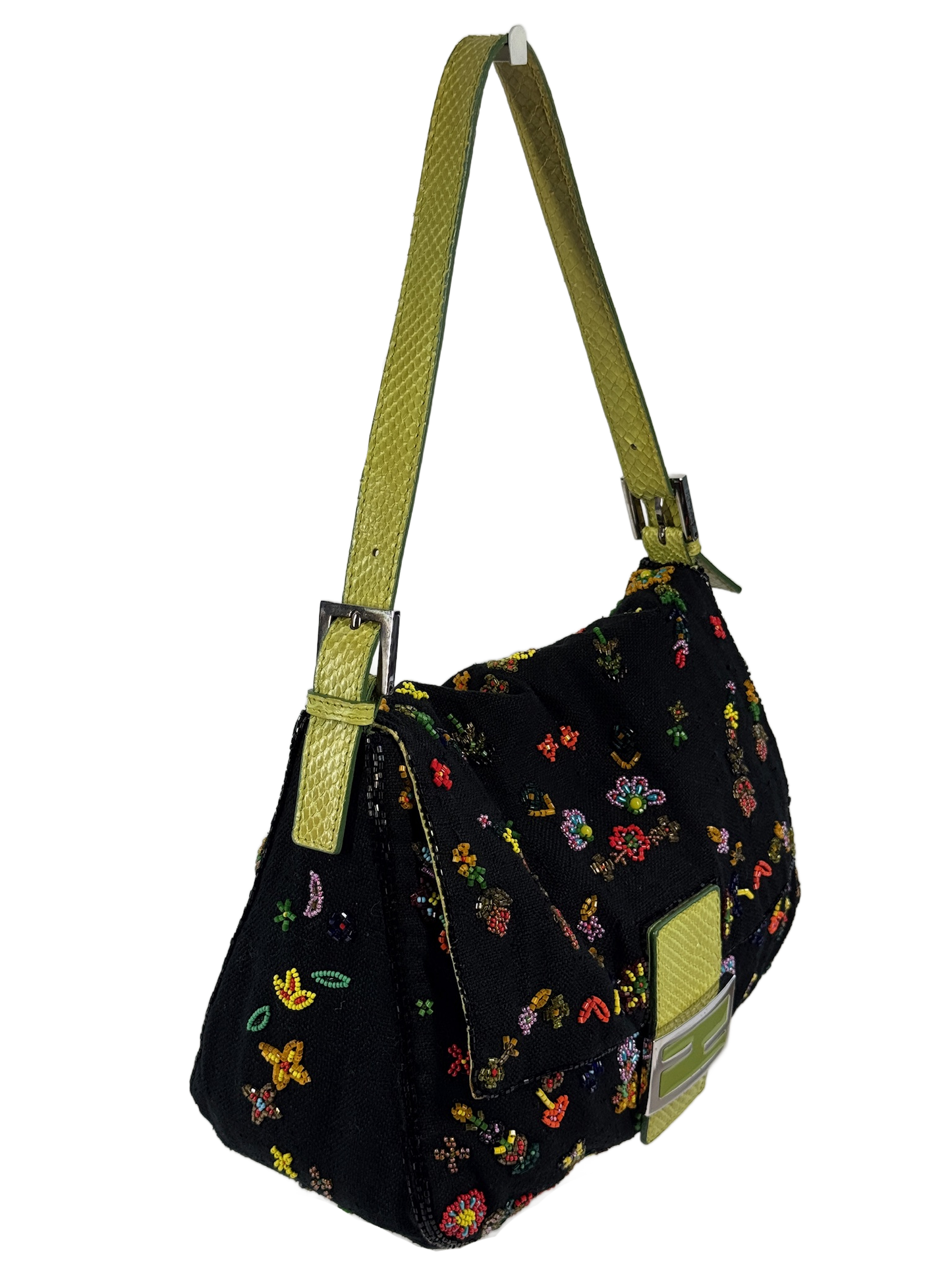 Fendi Vintage Black Knit Floral Beaded Embroidered Mamma Baguette Shoulder Bag w Green Lizard Trim