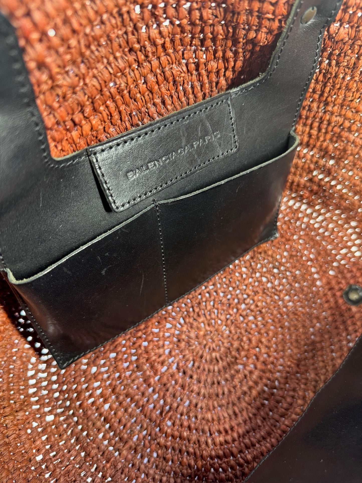 Balenciaga Vintage Borsa Panier Classic Raffia Motocross City Bag in Marrone & Black
