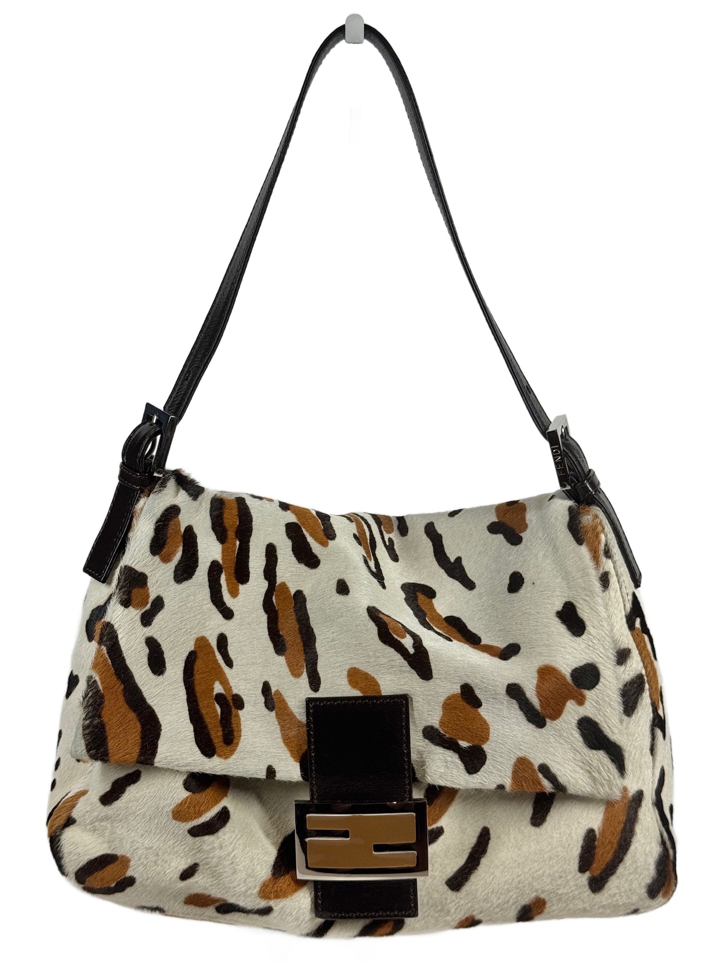 Fendi Vintage White & Brown Leopard Print Pony Hair Mamma Baguette Shoulder Bag