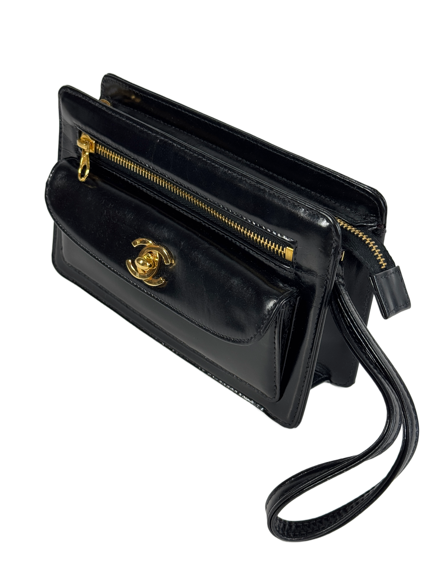 Chanel Vintage 90s Black Patent Leather CC Turnlock Wristlet Clutch Bag