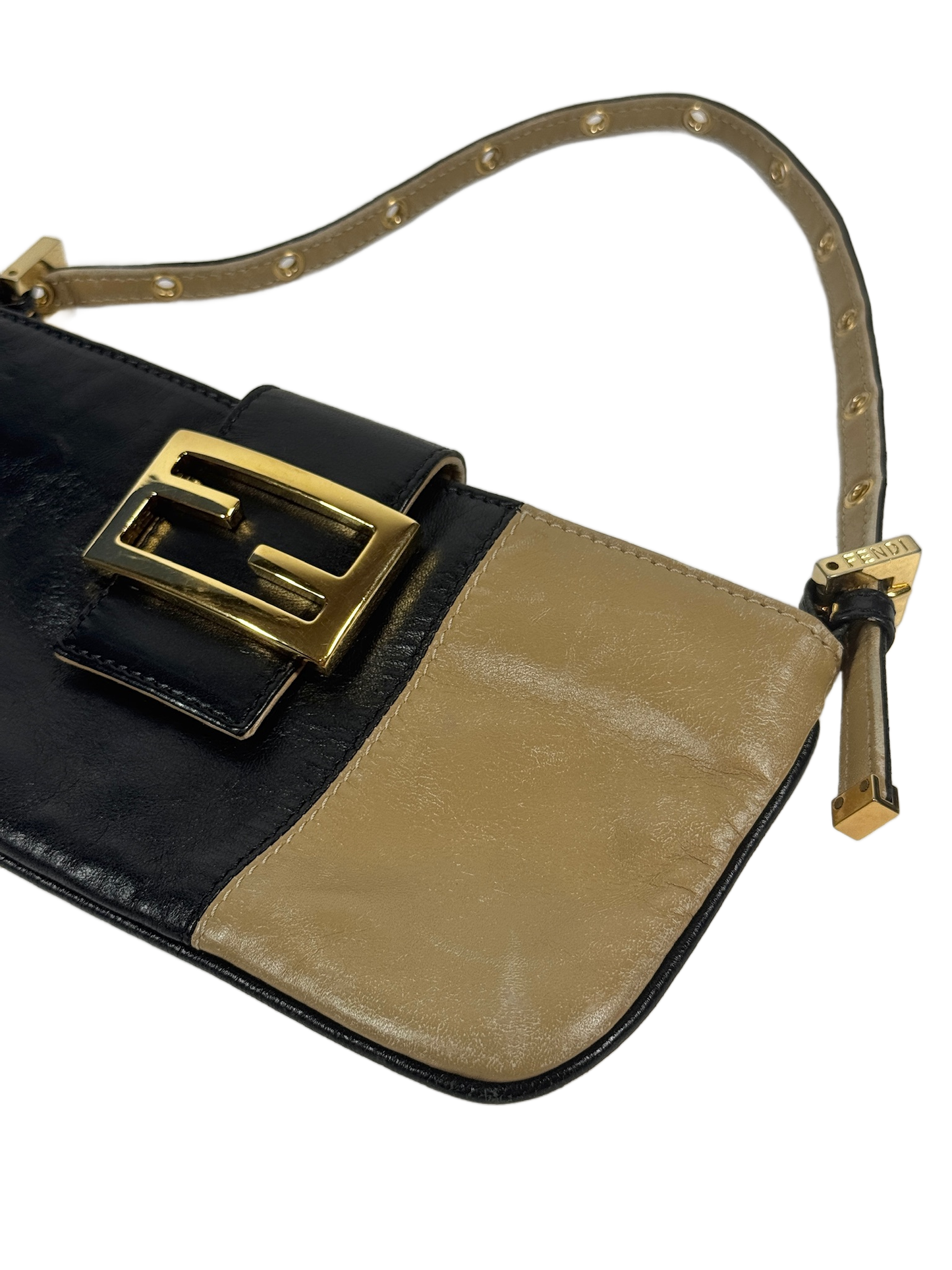 Fendi Vintage Black & Beige Lambskin Leather Flap Pochette Baguette Bag