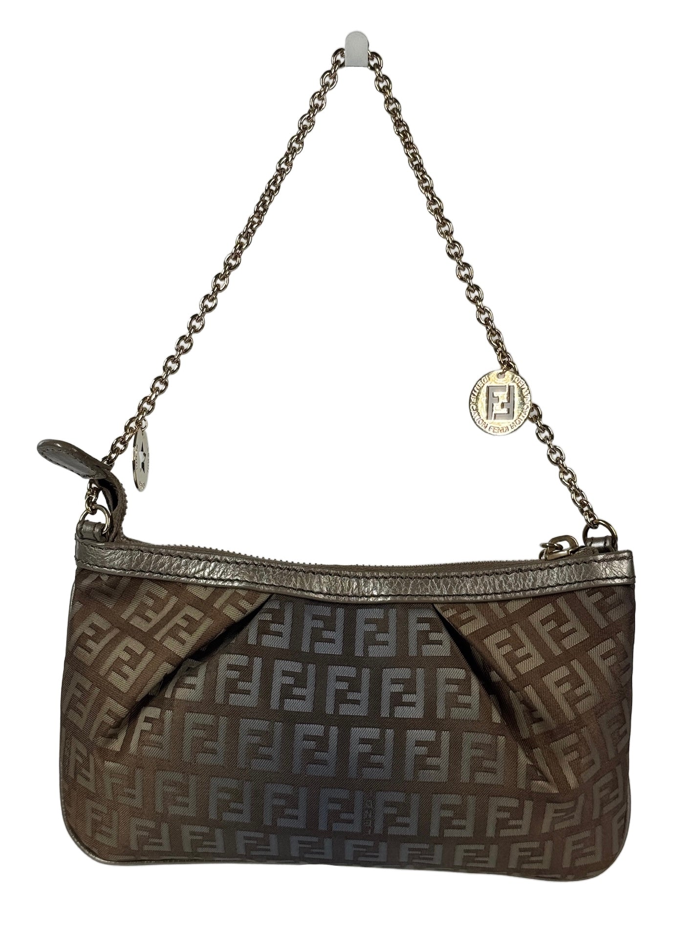 Fendi Vintage Brown Blue Metallic Ombré Zucca Zucchino Monogram Charm Pochette Chain Bag